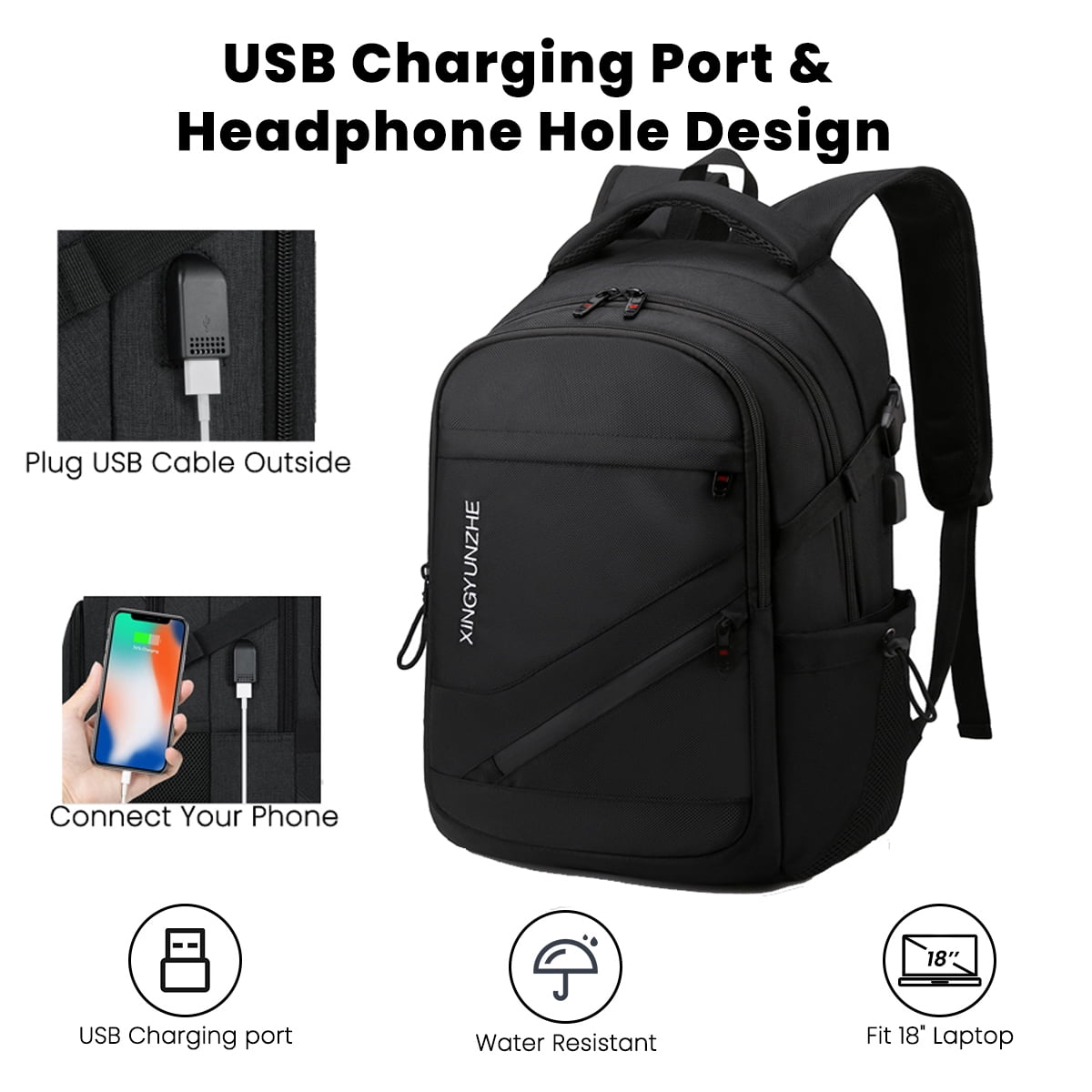 Cshidworld Travel Laptop Backpack, Anti-Theft Business Bookbag with USB Charging Port, Water-Resistant School Bag for Men & Women (Black, 19 in) ct1lp