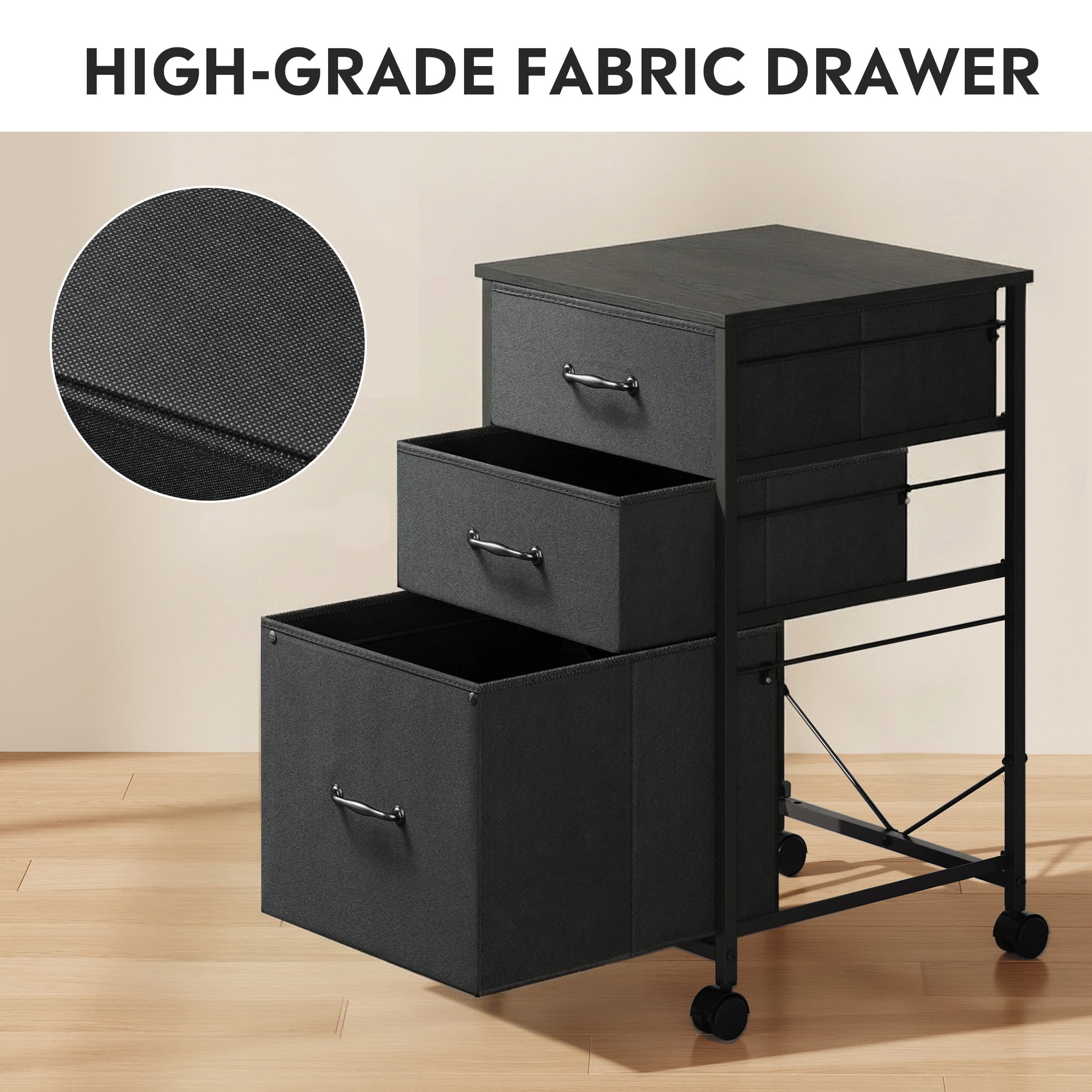 GALAXHERO 3-Drawer Rolling File Cabinet for Home Office, Vertical Printer Stand with Fabric Storage (Black) nbdx2