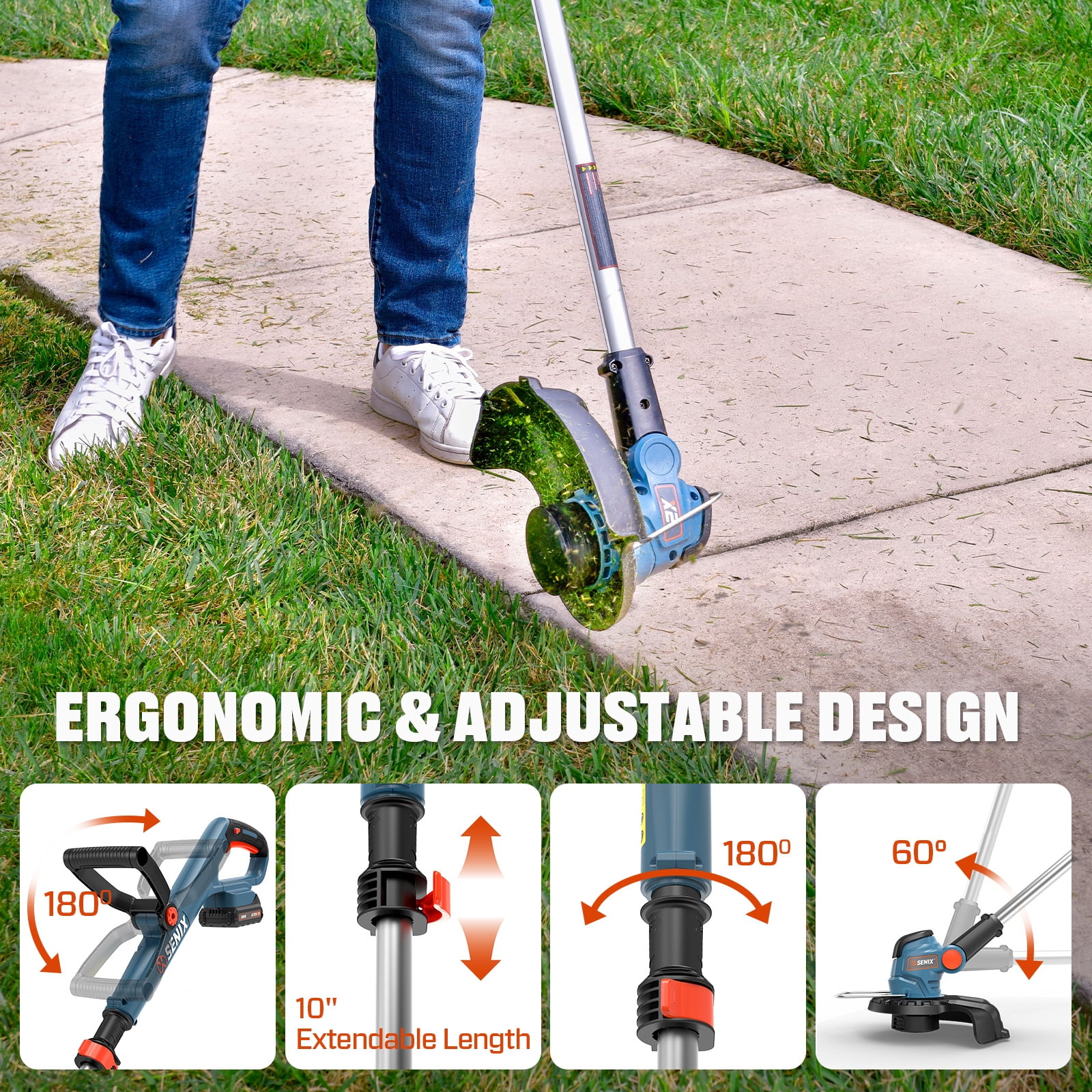 Senix Cordless Electric String Trimmer and Edger, 20V Lawn Grass Trimmer with 2.5Ah Battery and Charger (10 in) oywwj