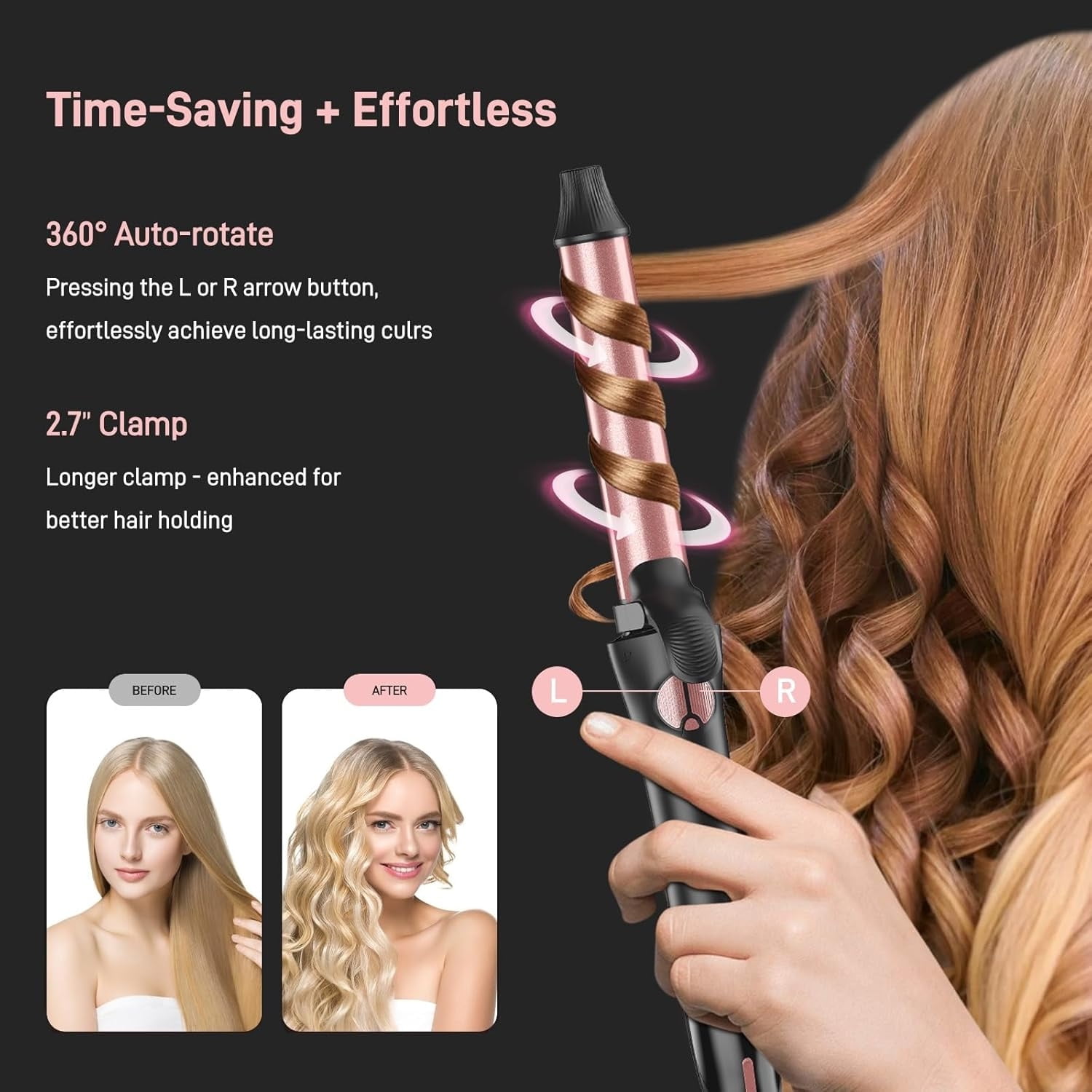 Professional 3-in-1 Automatic Rotating Curling Iron Set with Interchangeable Ceramic Barrels (Black, 0.75 in, 1 in, 1.25 in) du7s8