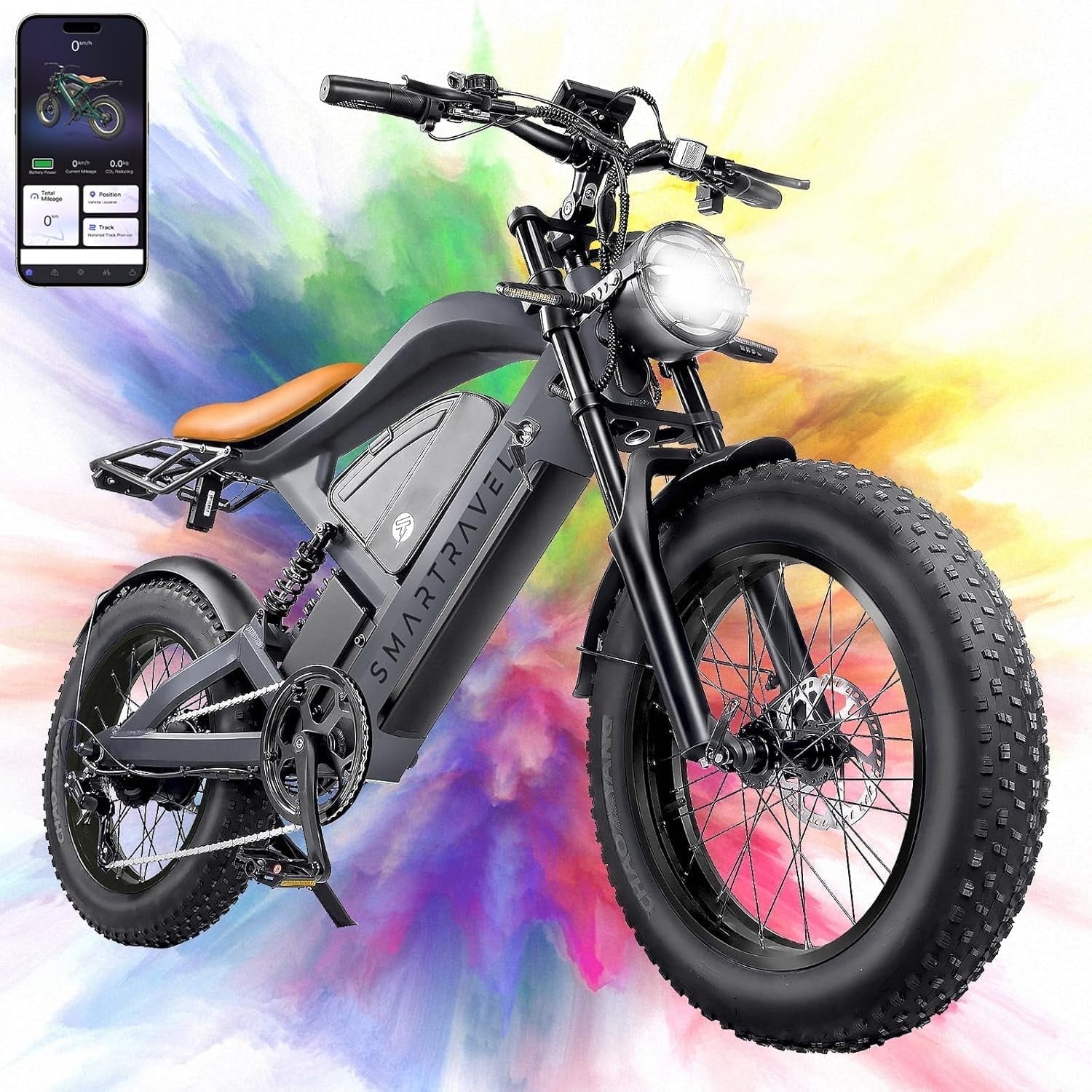 Smartravel Electric Mountain Bike for Adults, 1500W Motor E-Bike with GPS & App Control, 20 in x 4.0 in Fat Tires (Grey, 48V 27Ah) bwl1v