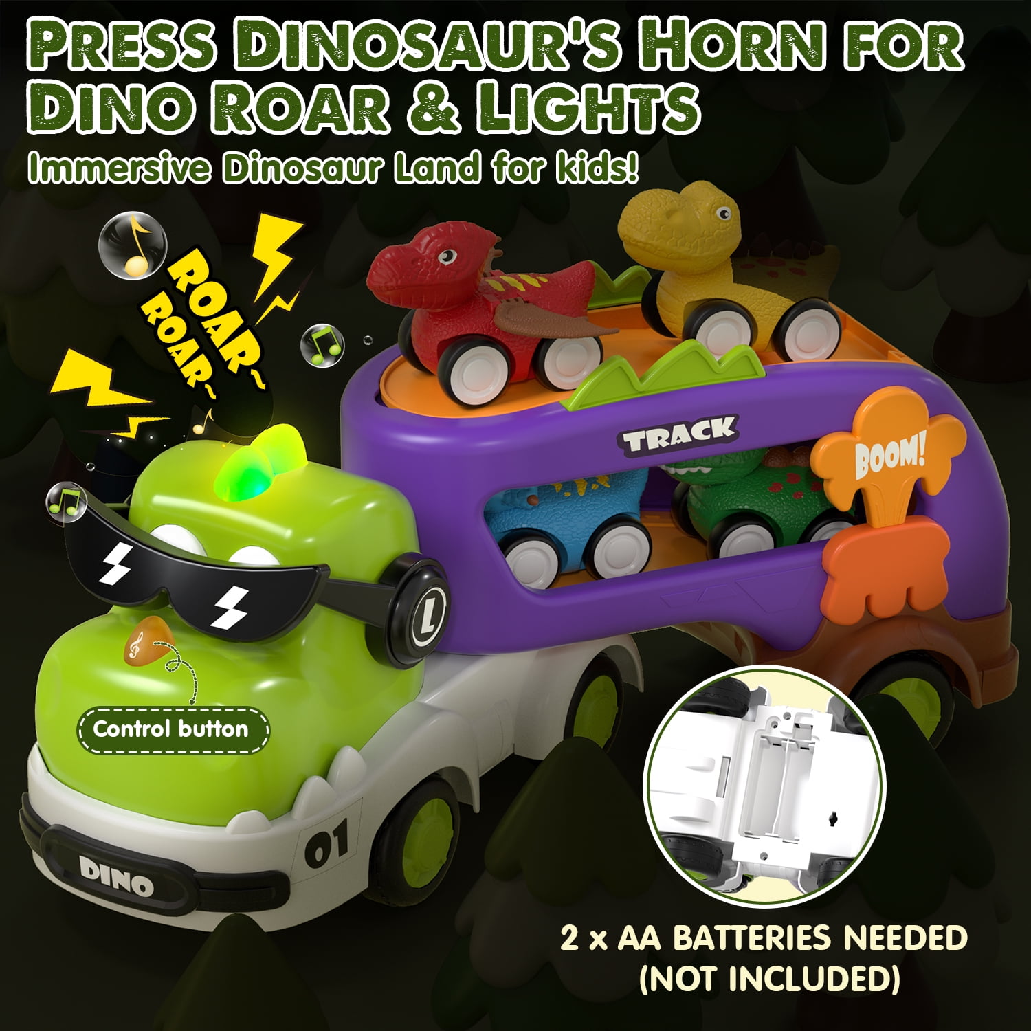 KWANITHINK Dinosaur Carrier Truck Toy Set with Lights and Sounds, Pull Back Mini Cars for Toddlers (Green, 12.38 in x 4.72 in x 5.31 in) fv1xm