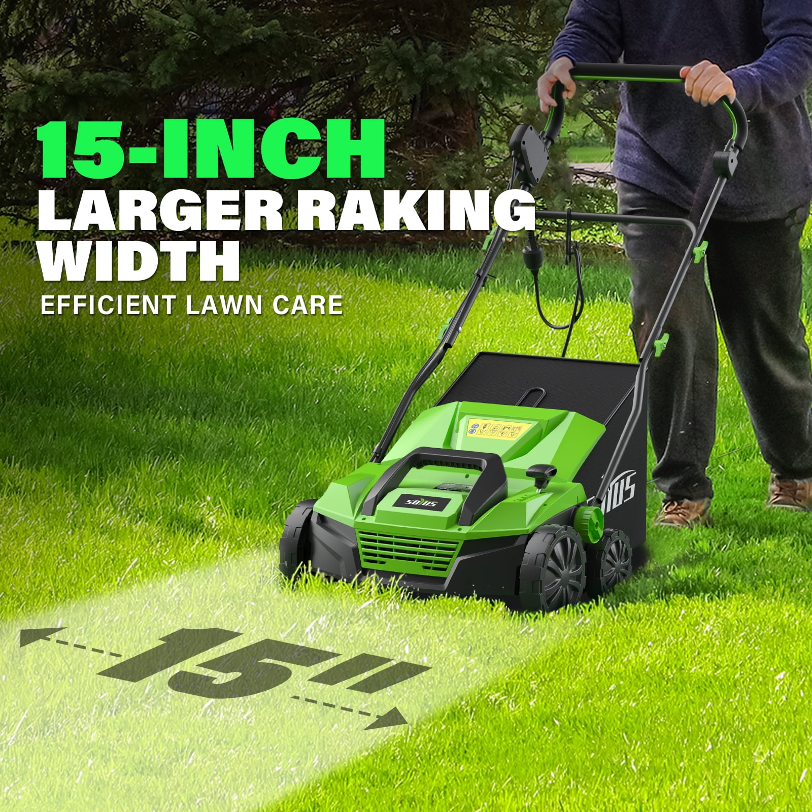 SOYUS 15-Inch 13-Amp Electric Dethatcher and Scarifier with Collection Bag (Green, 11.89 gal) aipw8