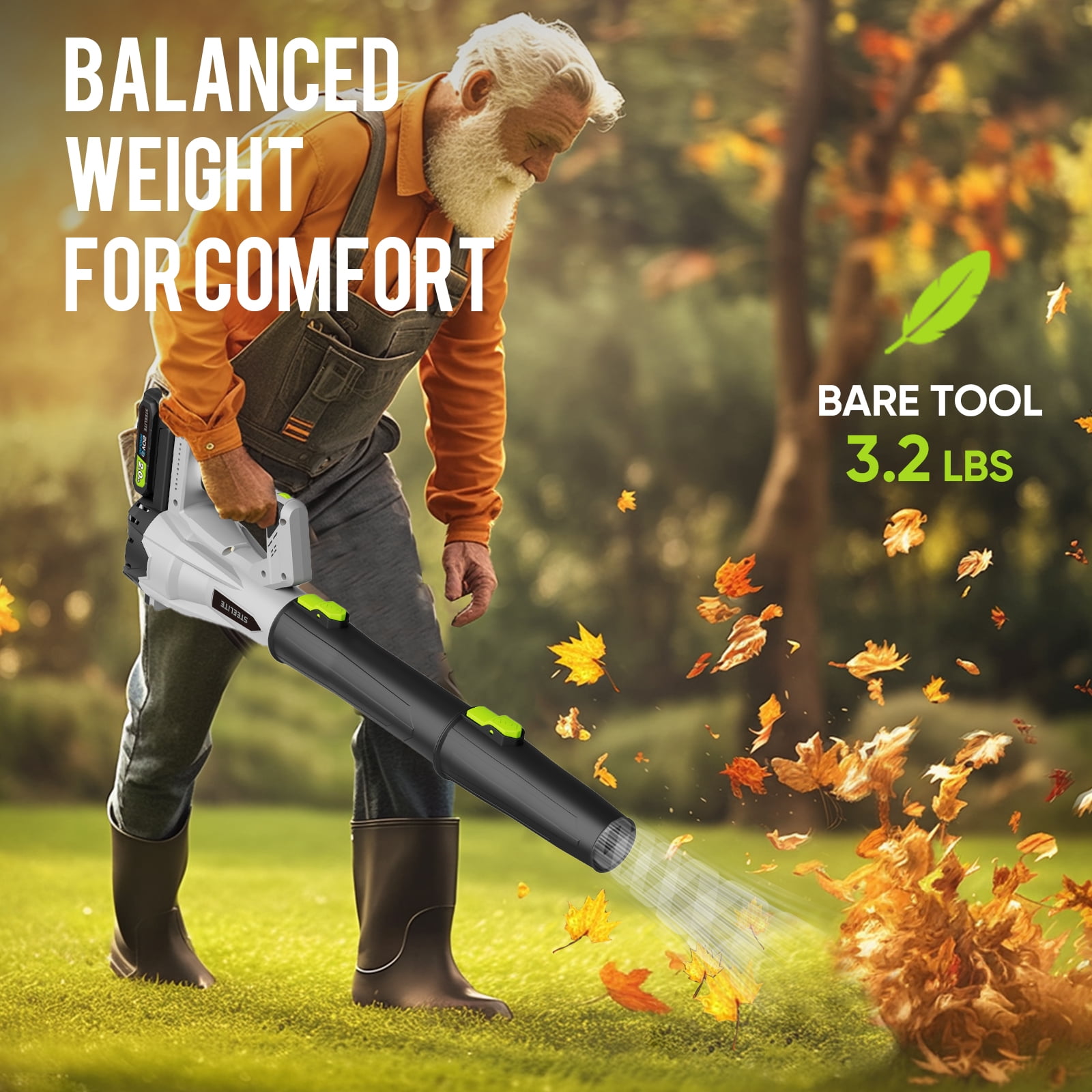 Steelite 21V Cordless Leaf Blower, High-Velocity Electric Yard Blower with 6-Speed Control (Green, 2 x 2.0Ah Batteries) 69pcn