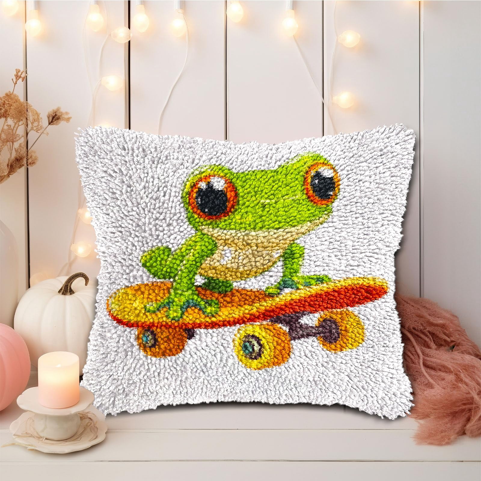 DIY Latch Hook Pillow Kit Cartoon Frog Skateboard Design Handmade Craft Set (17x17 in) 7i6rv
