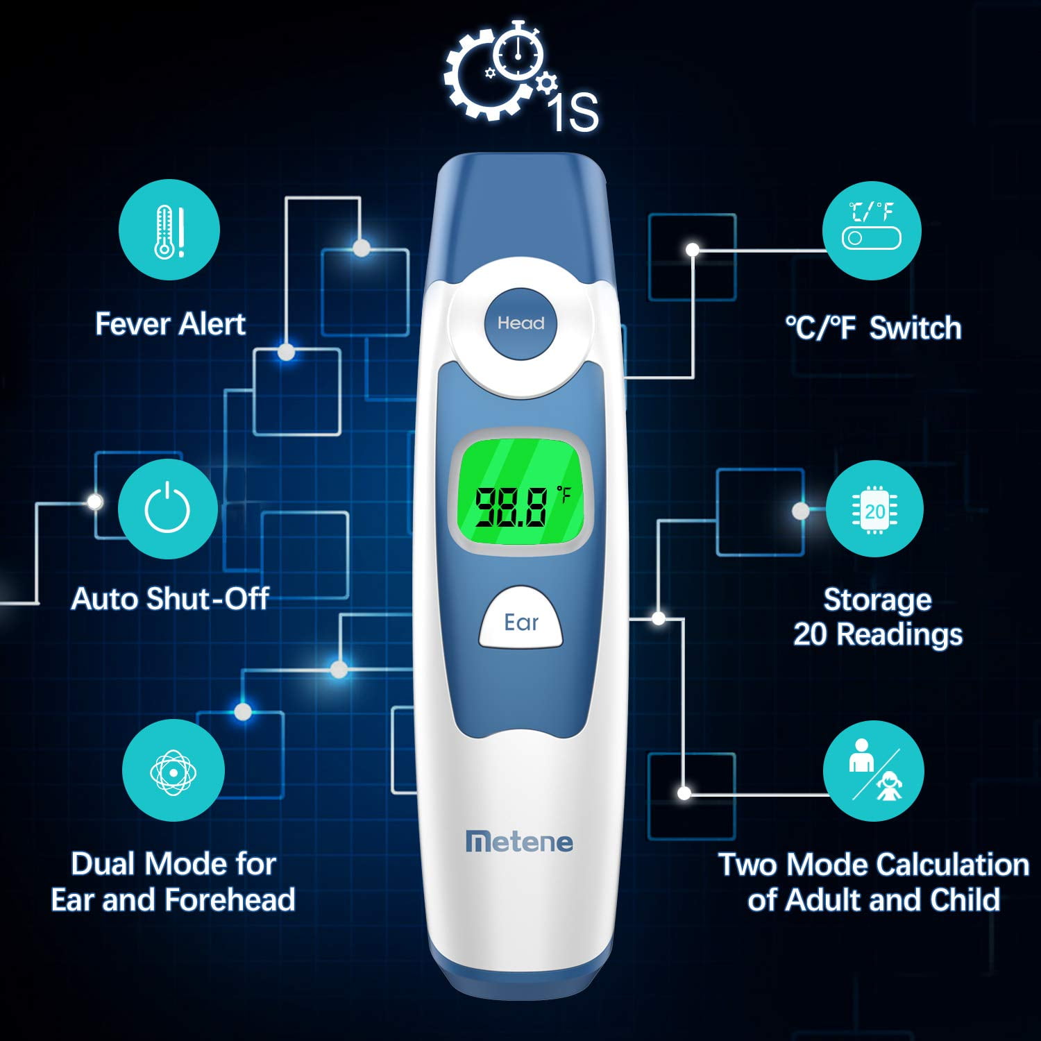 Metene Digital Forehead and Ear Thermometer for Baby, Fast 1-Second Reading with Fever Alarm (1 Count) dum29