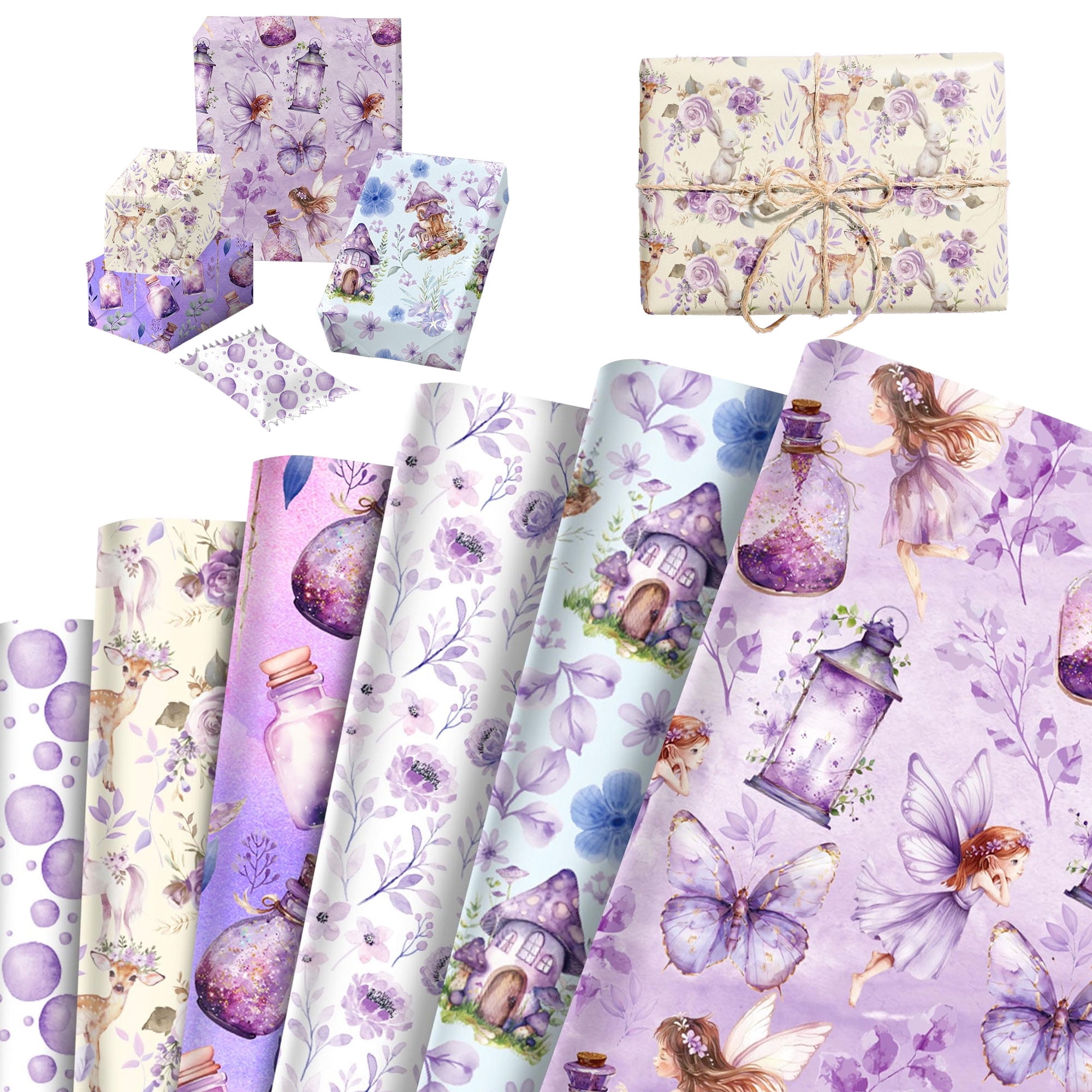 LaVenty Fairy Tale Gift Wrapping Paper - Whimsical Forest Design for Birthdays and Parties (Purple, 12 Sheets, 27 in x 20 in) wbfcn