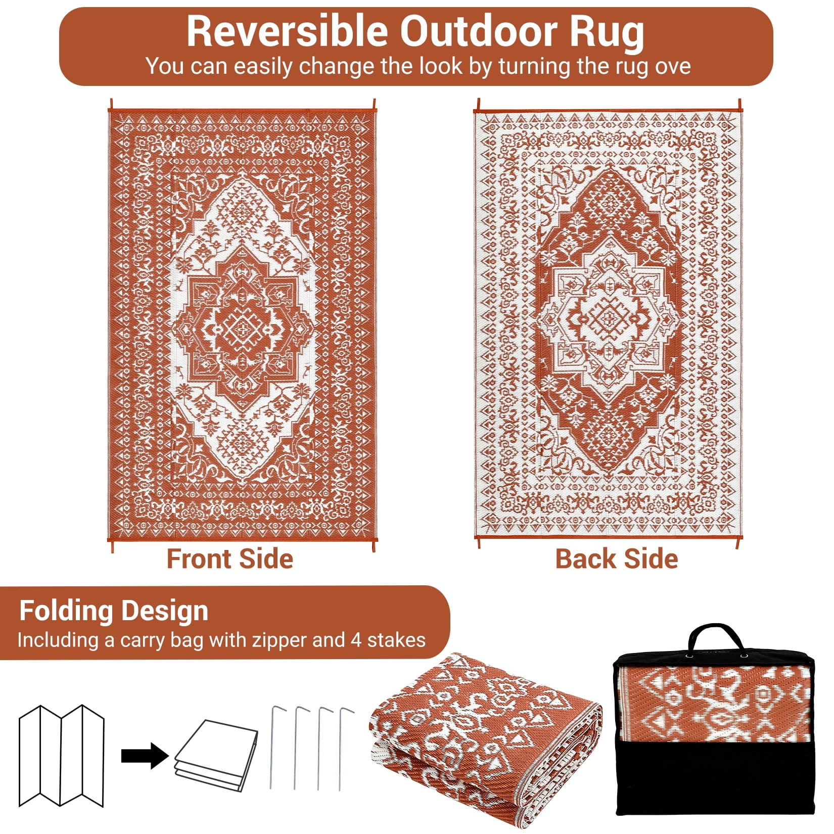 GlowSol Outdoor Area Rug, Waterproof Reversible Patio Carpet for Picnic and Deck (Brick Red/White, 8 ft x 10 ft) gx3b1