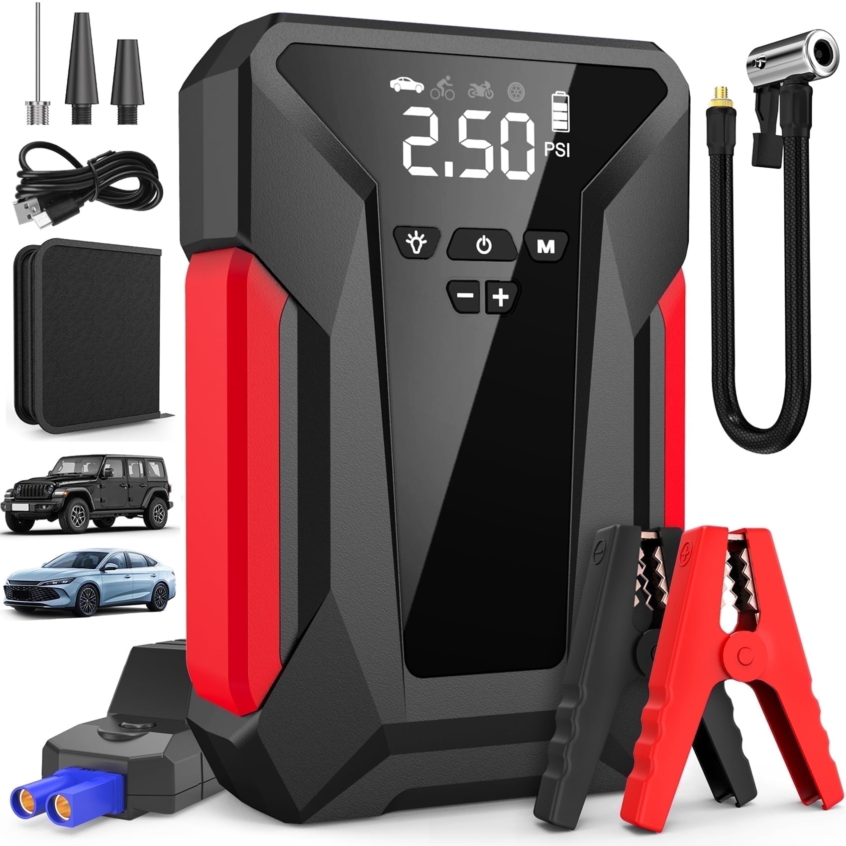 Amybaby 8-in-1 Emergency Jump Starter and Tire Inflator, 4000A Peak Portable Power Bank with 150PSI Air Compressor (1 Unit) zk7os