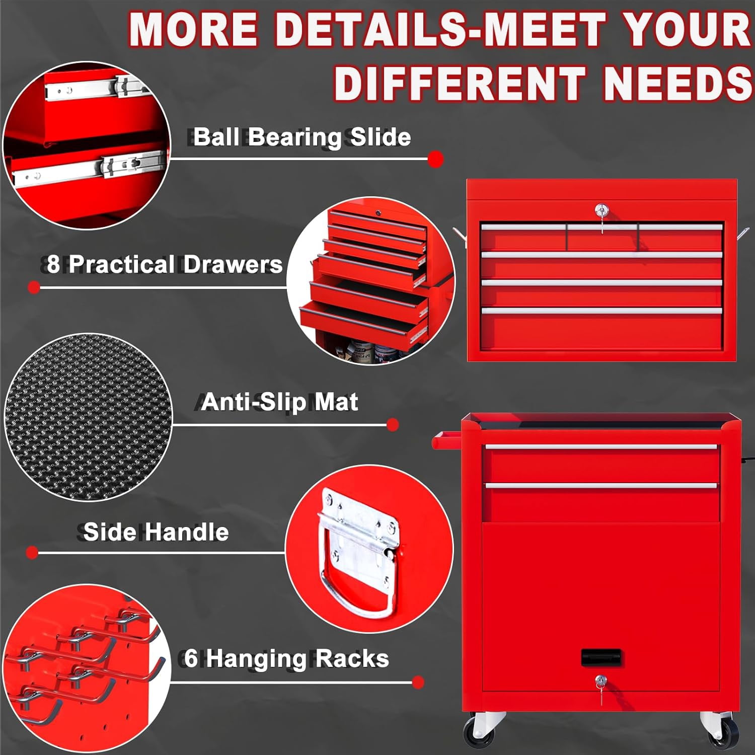 Clickoods 8-Drawer Rolling Tool Chest, 2-in-1 Detachable Metal Tool Box Cabinet with Wheels (Red, 24 in x 13 in x 43 in) ykmzs