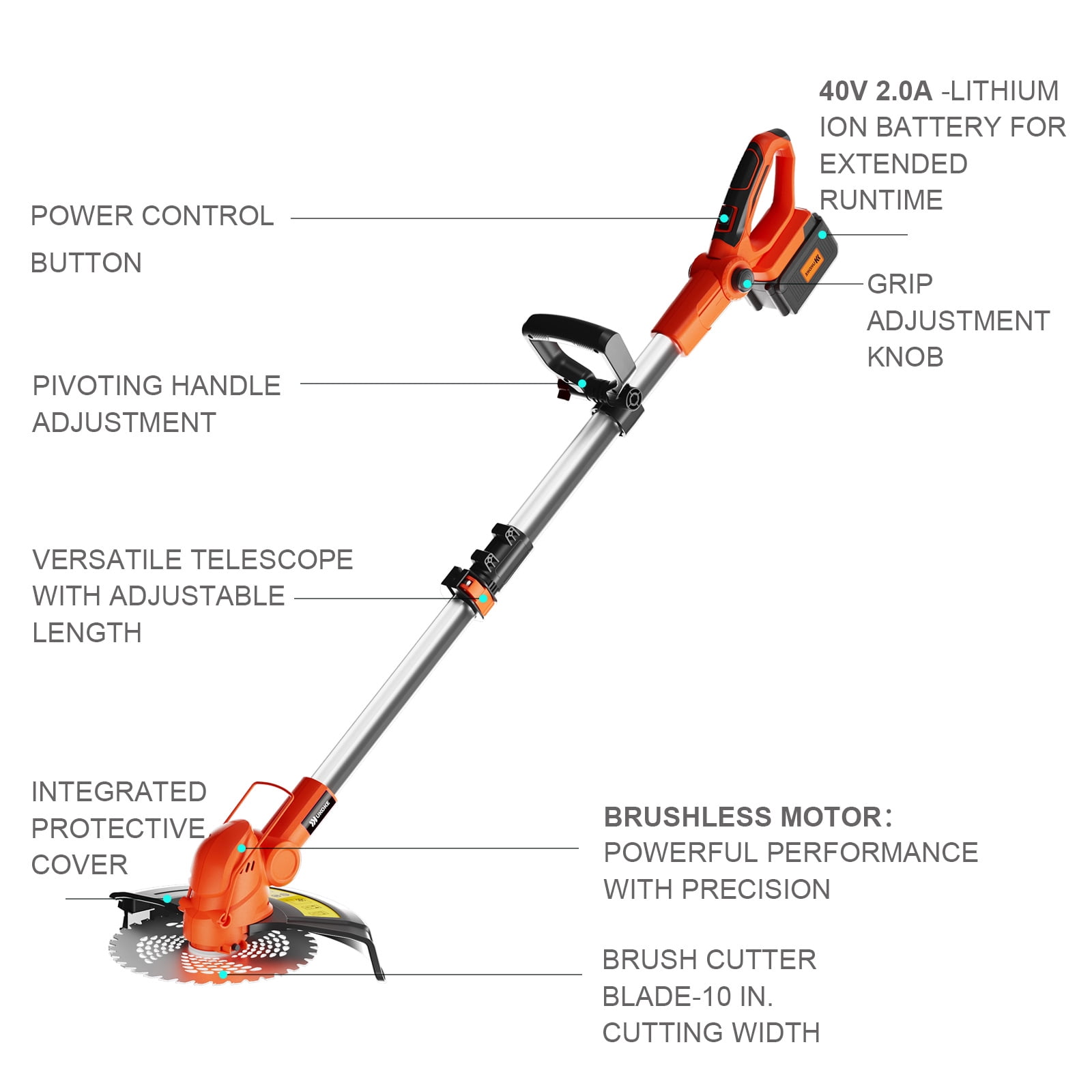 Ukoke 40V Cordless Grass Trimmer and Brush Cutter with Battery and Charger (Orange, 9.06 in Cutting Width) kcf98