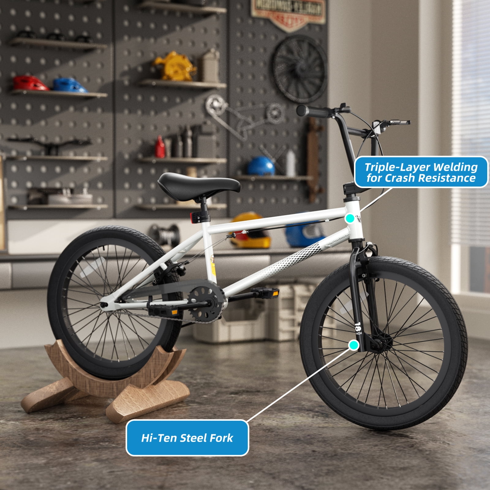 Korimefa Freestyle BMX Bike for Kids, Durable Steel Frame with Hand Brakes and Shock-Absorbing Tires (White, 18 in) idu2v