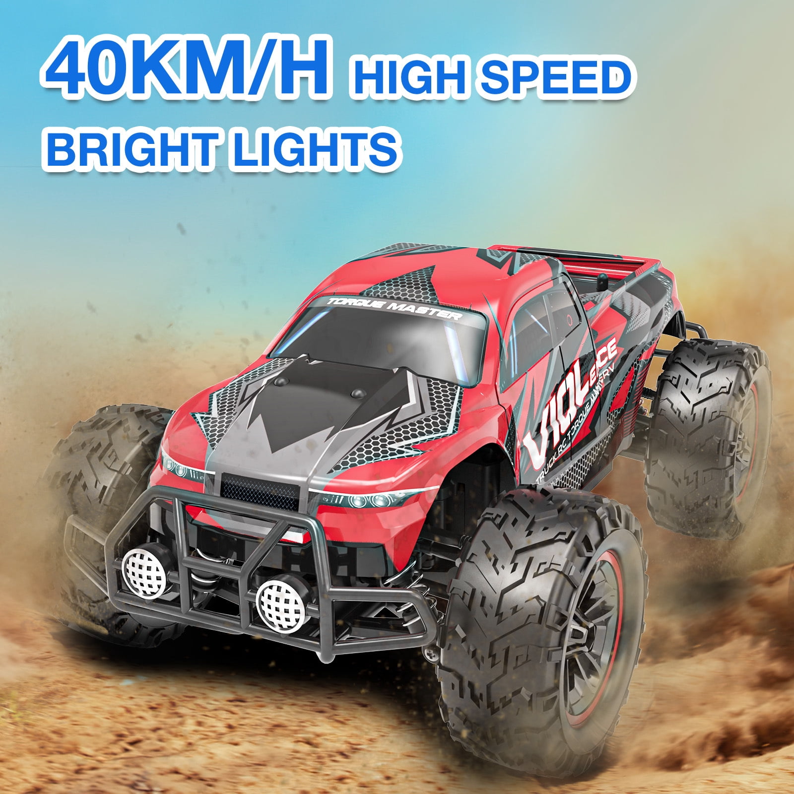 AUOSHI 1:16 Scale Remote Control Truck, High-Speed 4WD Off-Road RC Car with LED Lights (Red, 1:16 Scale) fdg8i