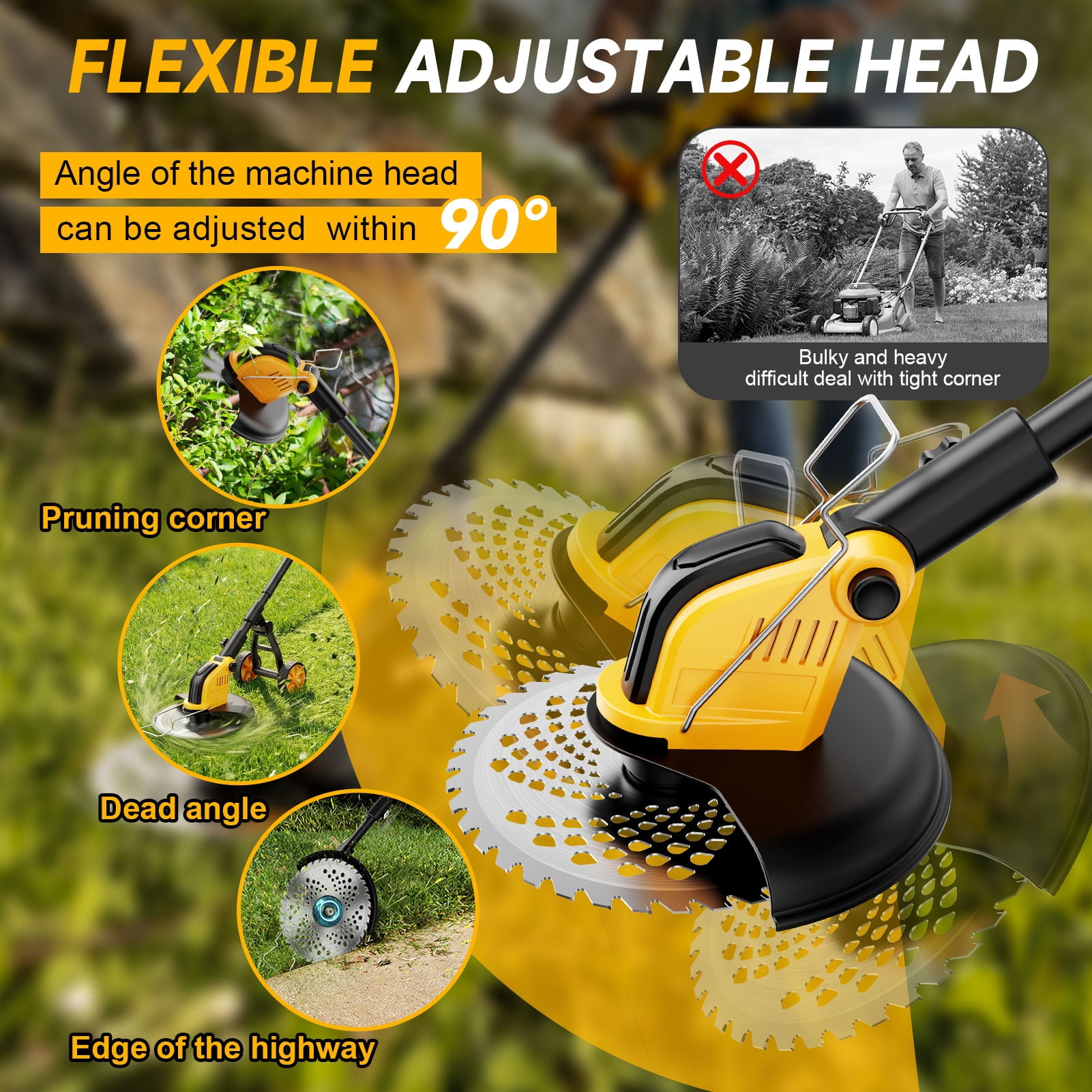 Lemolifys 12-inch Cordless Brushless Weed Eater with Wheels and 5 Blades (Yellow, 21V Battery) b80p4