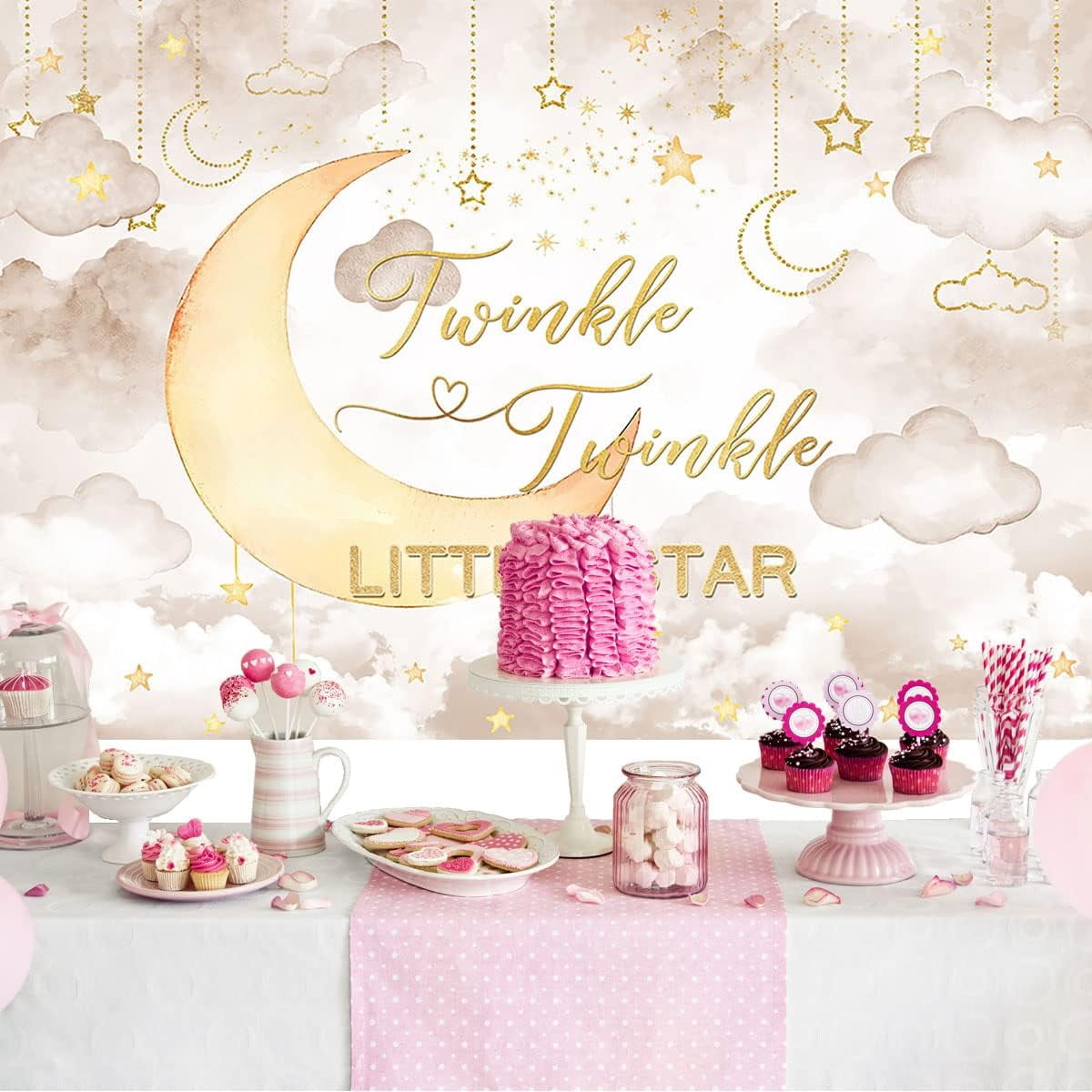 Draliving Twinkle Twinkle Little Star Baby Shower Backdrop (Beige, 7 ft x 5 ft) 7gqjh