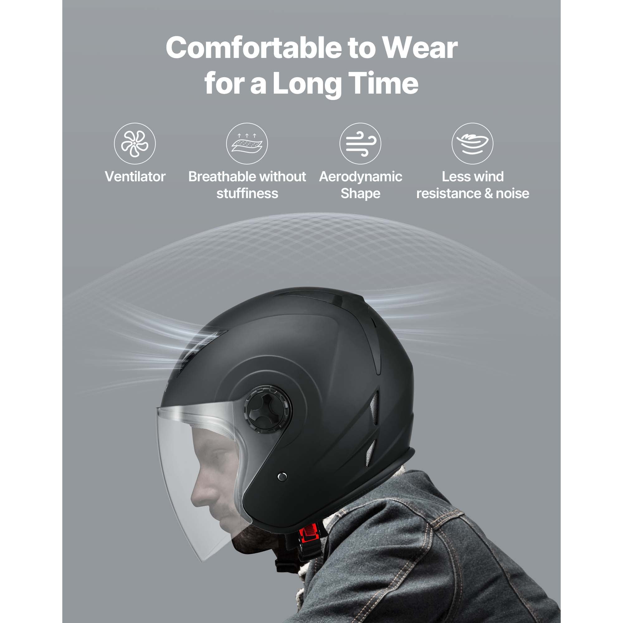 KFFKFF 3/4 Open Face Motorcycle Helmet, DOT Certified Street Riding Gear with Clear Shield and Removable Liner (Matte Black, L) 4gwuv