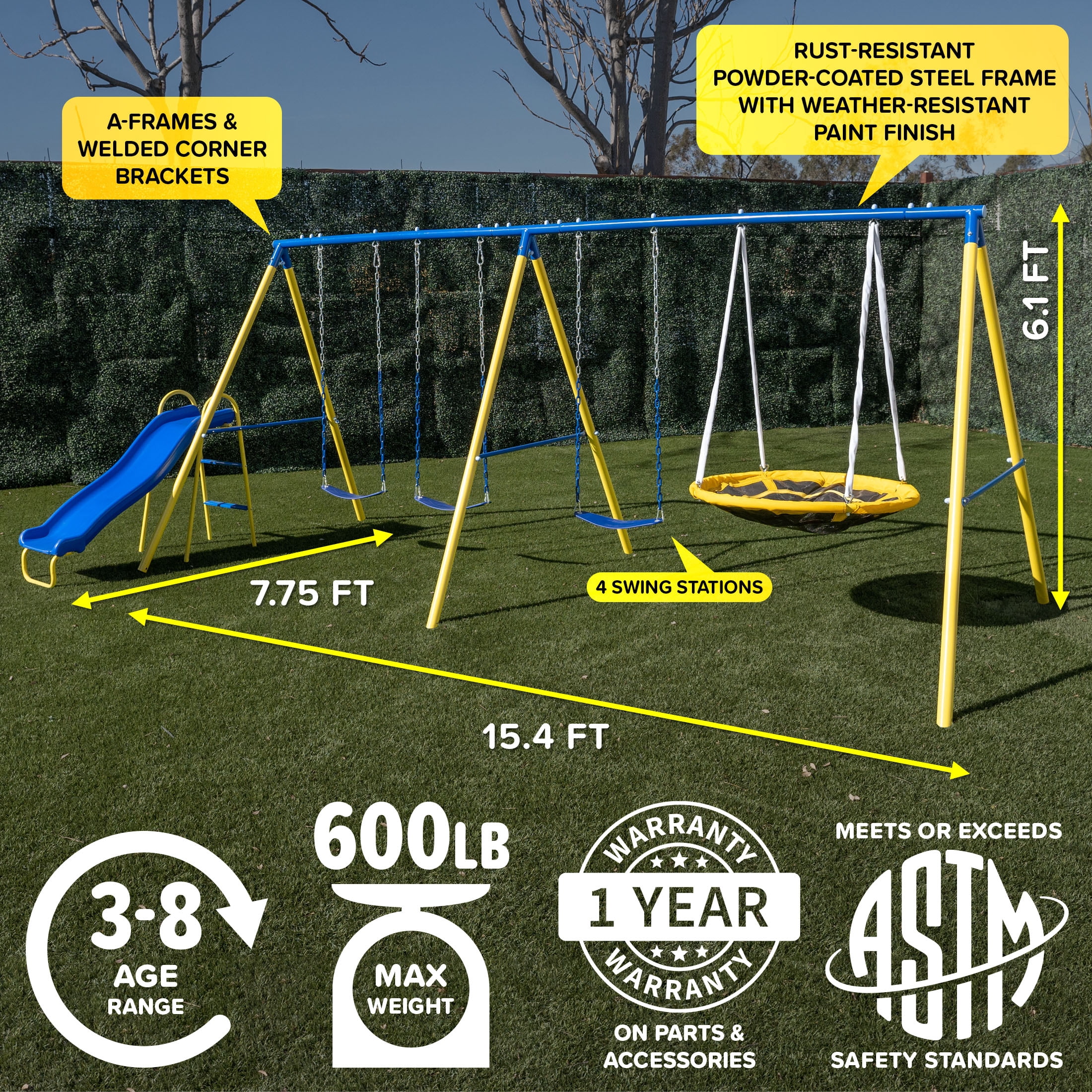 Sportspower Outdoor Swing Set with Saucer and Slide (Blue, 7.55 x 17.06 x 6.07 ft) dxelm