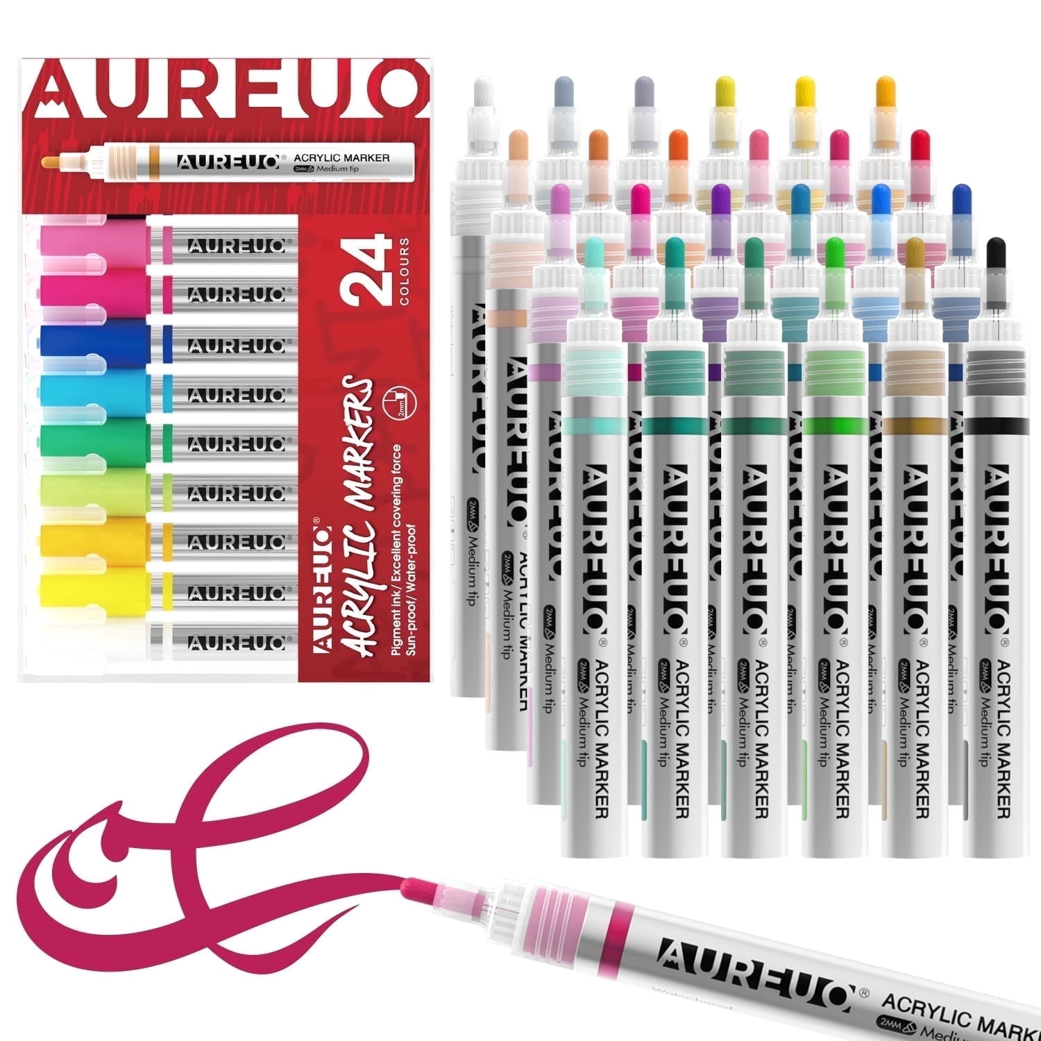 AUREUO Acrylic Paint Markers, Water-Based Paint Pens for Rock Painting and DIY Crafts (24 Colors, 2mm Medium Tip) 05k3h