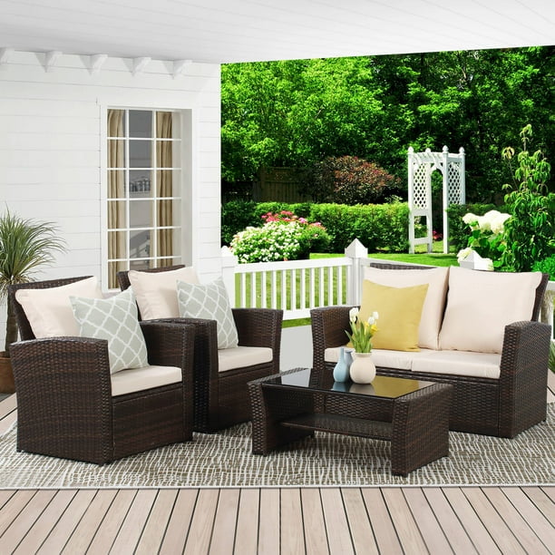 Cozy Home 4-Piece Rattan Outdoor Patio Furniture Set, Wicker Conversation Sofa and Coffee Table (Brown, 4-Piece Set) blo4v