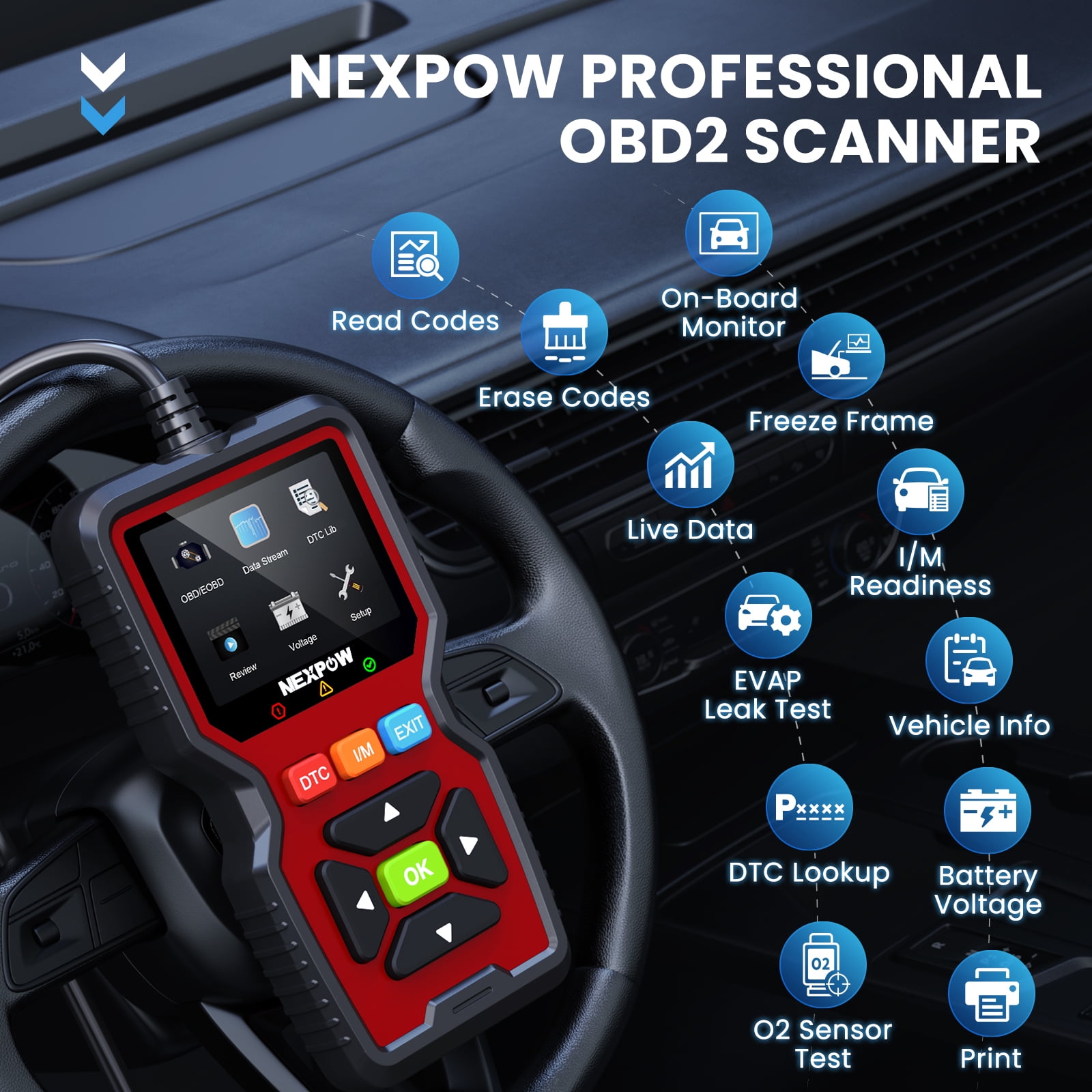 NEXPOW OBD2 Scanner Car Code Reader Diagnostic Tool for Check Engine Light (Red, 2.5 ft Cable) 8j8mt
