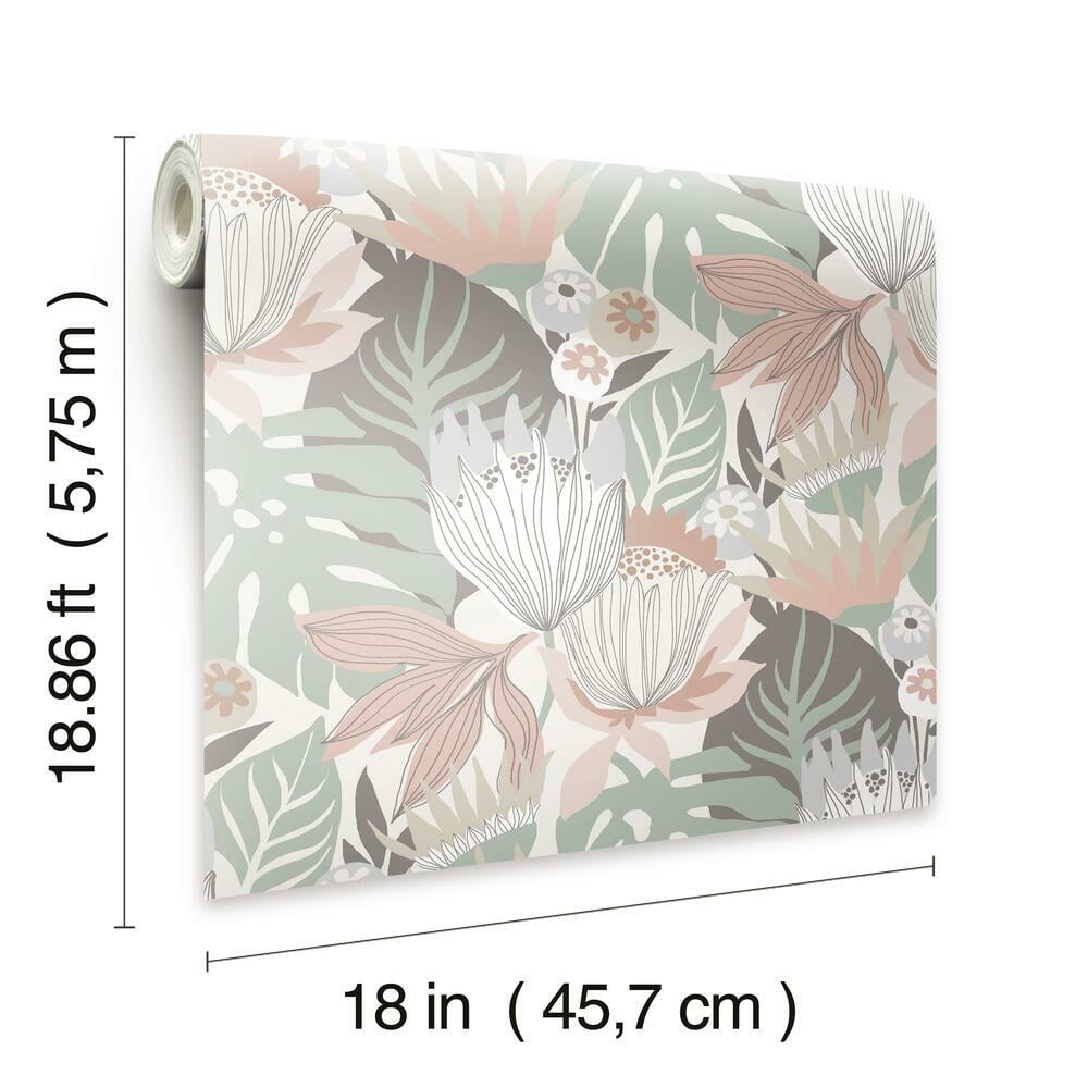 RoomMates Retro Tropical Leaves Peel and Stick Wallpaper (Pink, 20.5 in x 16.5 ft) jncuq