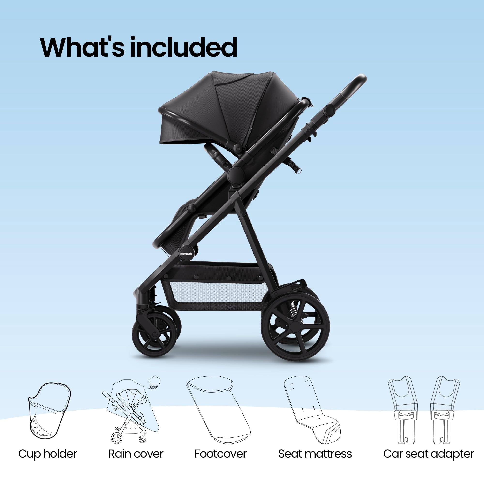 Mompush Meteor2 2-in-1 Baby Stroller with Bassinet Mode (Black, 23.2 lb) aafsz - Image 9
