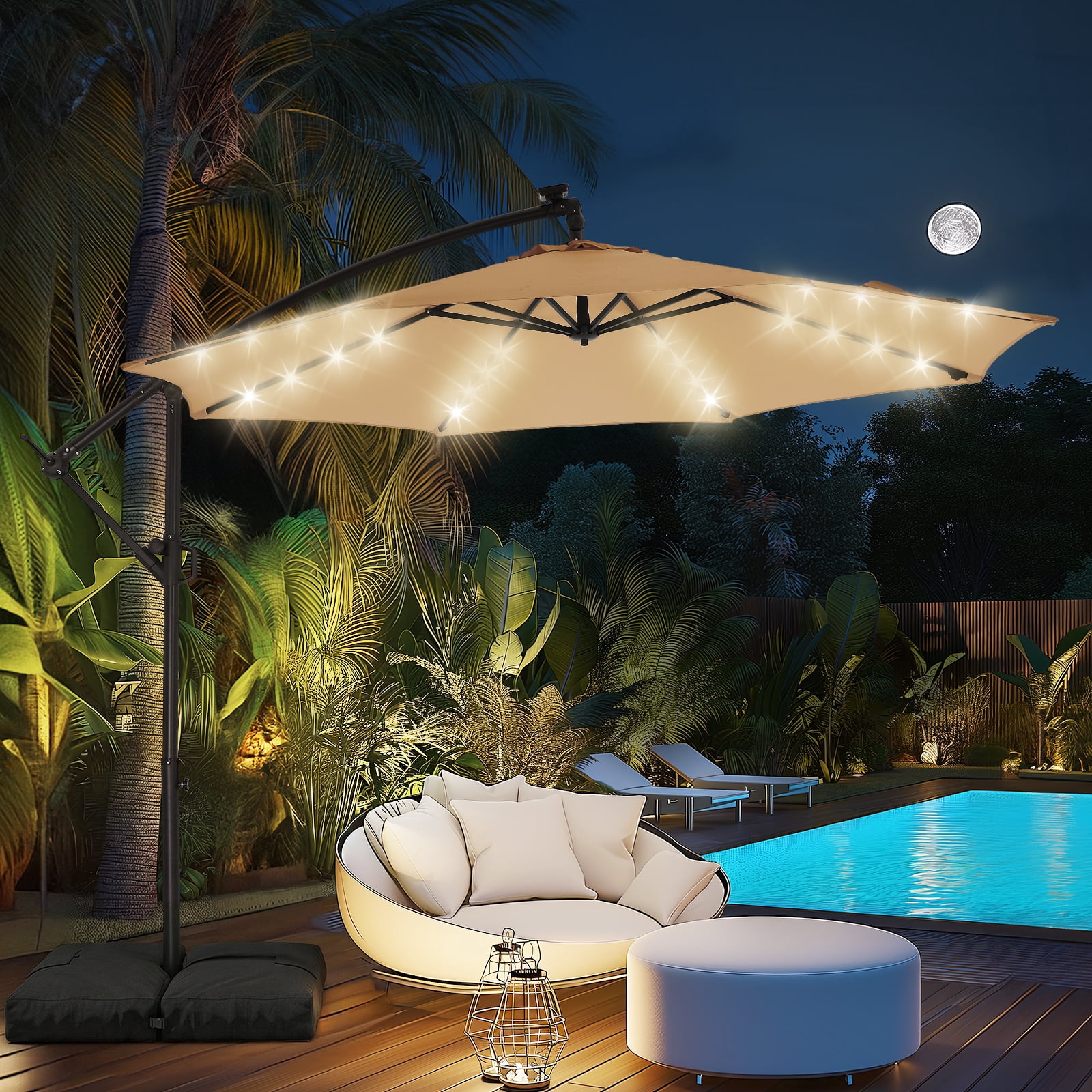 Patbrela 10ft Offset Patio Umbrella with Base, Cantilever Hanging Outdoor Shade with Solar LED Lights and Infinite Tilt (Beige, 10 ft) 99u9u