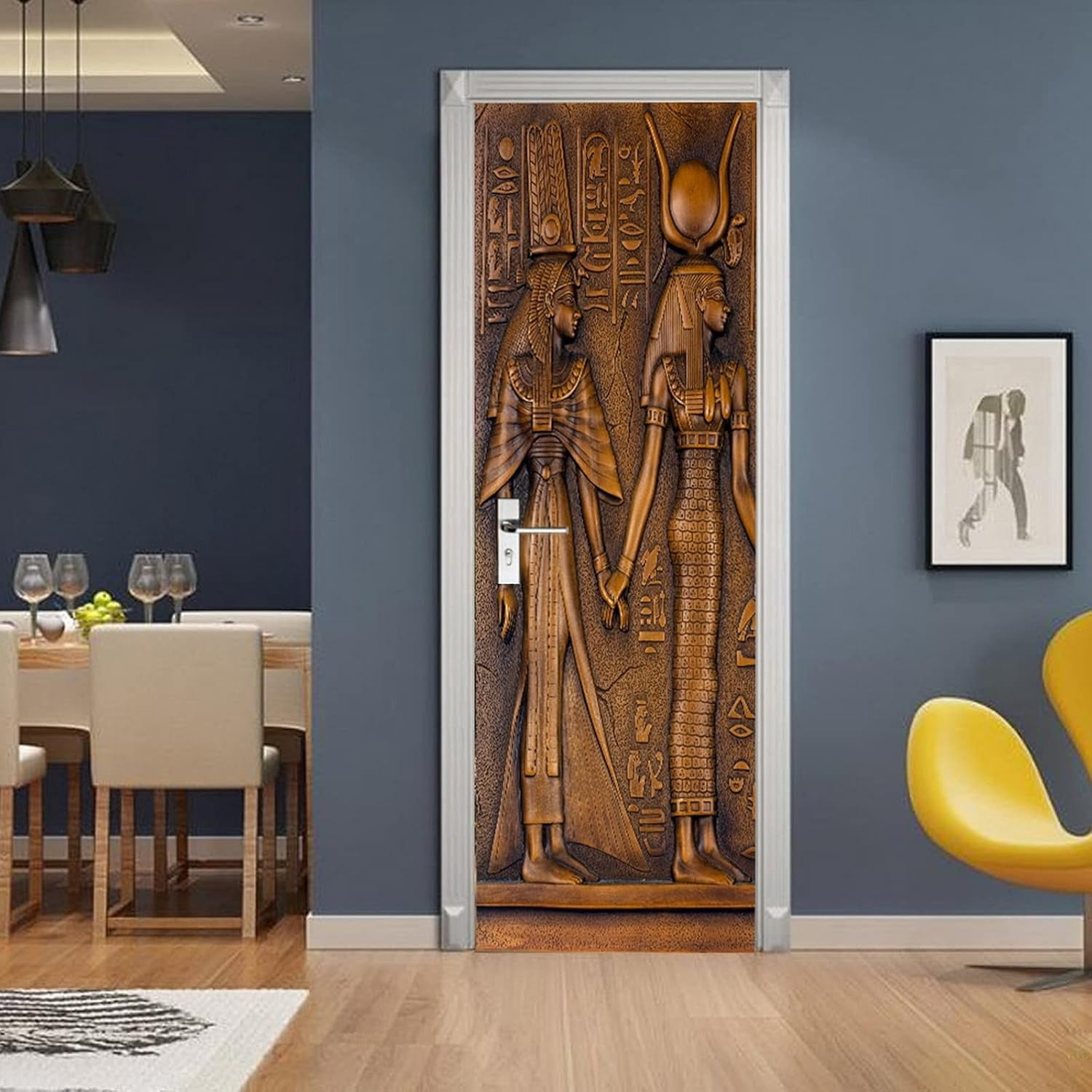 YiZeDaMS 3D Egyptian Sculpture Door Mural Wallpaper Waterproof Vinyl Home Decor Decal (Multicolor, 30.3 in x 78.7 in) jgynf