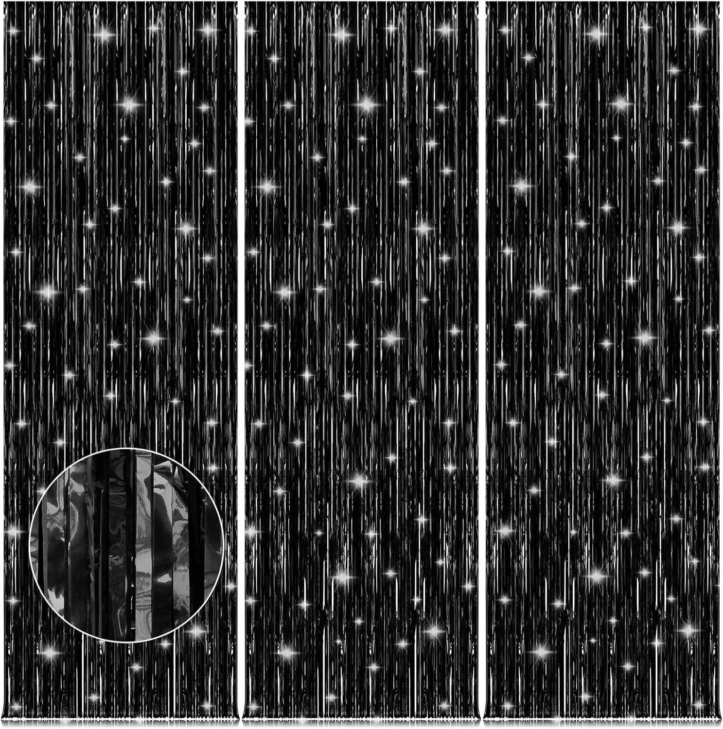 HTSQYL Black Foil Fringe Curtain Backdrop for Party Decorations (Black, 3 Pack, 3.3 ft x 9.9 ft) fciuh