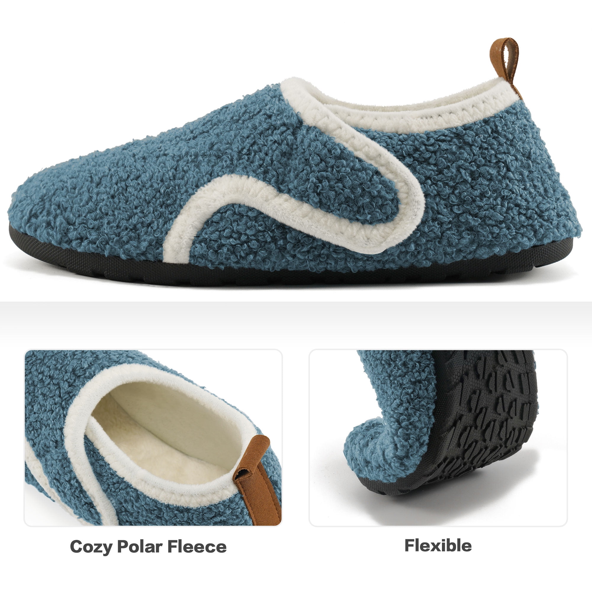 Ecetana Women's Fuzzy House Slippers Adjustable Hook and Loop Warm Indoor Shoes (Blue, Medium) nxybi