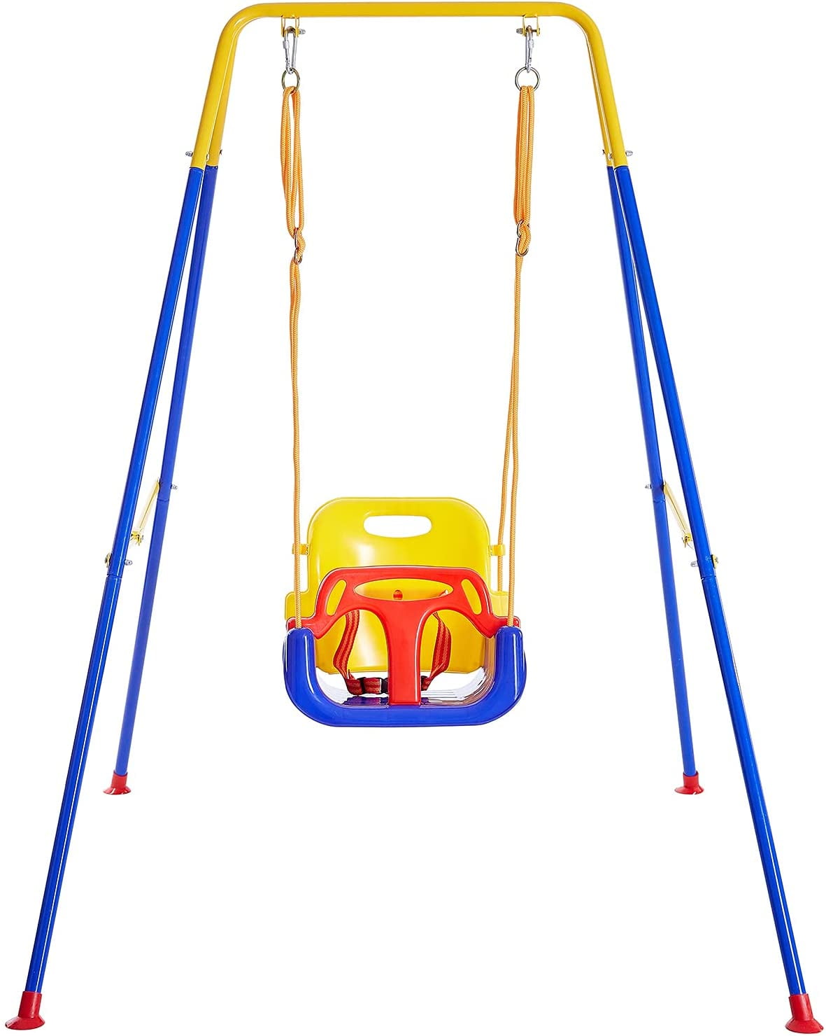 FUNLIO 3-in-1 Toddler Swing Set with Foldable Metal Stand, Indoor/Outdoor Kids Playground Equipment with 4 Sandbags (49 in Rope) u4vi6