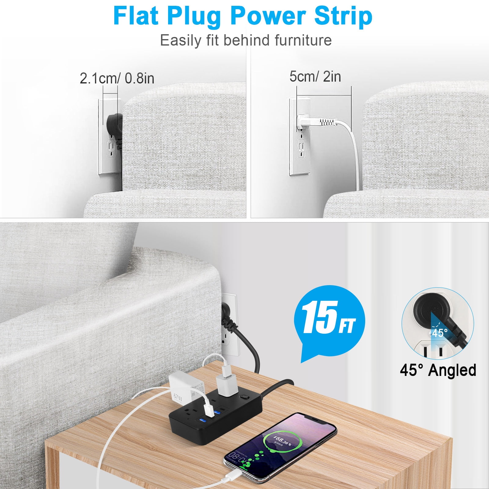 BOHASHIN Power Strip Extension Cord with 6 Outlets and 4 USB Charging Ports (Black, 15 ft) nkghq