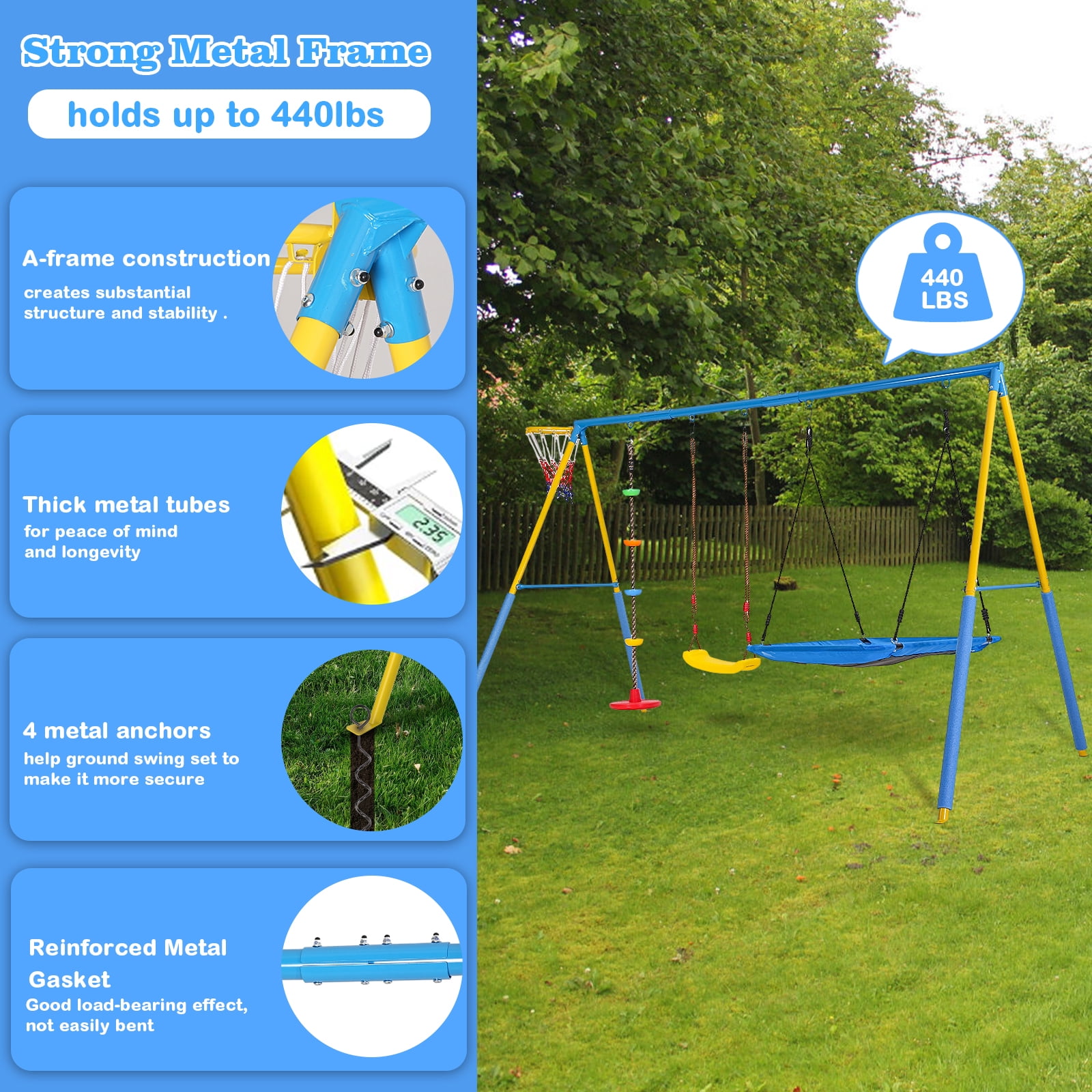 KALNUR 4-in-1 Outdoor Metal Swing Set with Saucer Swing, Climbing Rope, and Basketball Hoop (Blue, 127 in x 79 in x 80 in) qk5dz