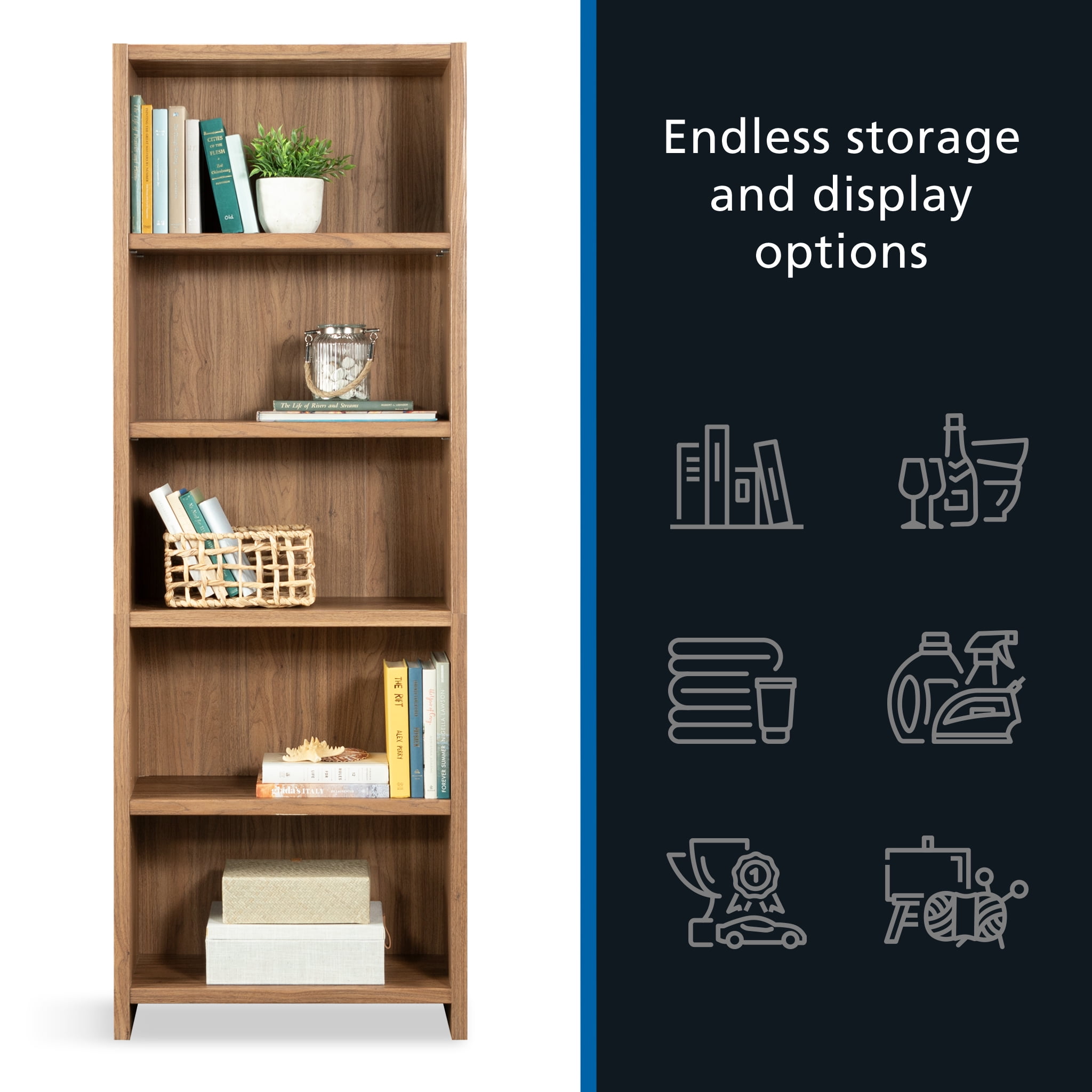 Mainstays Westley 5-Shelf Bookcase, Durable Storage Organizer (Walnut, 72.68 in H x 25.83 in W x 11.58 in D) 4uru3