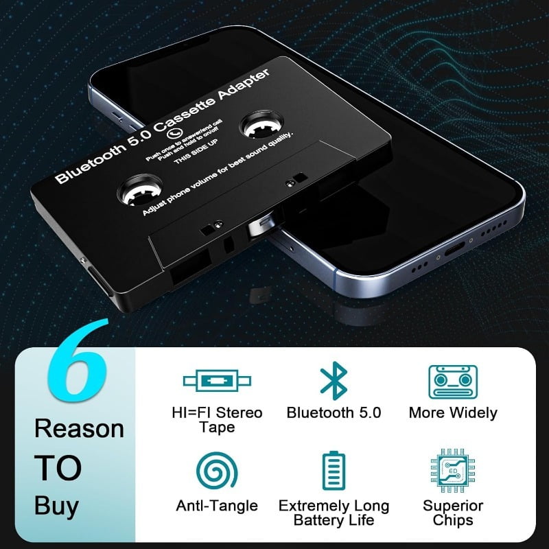 SWAJUJA Bluetooth 5.0 Cassette Adapter for Car Audio (Black, 1 Pack) 1t27d
