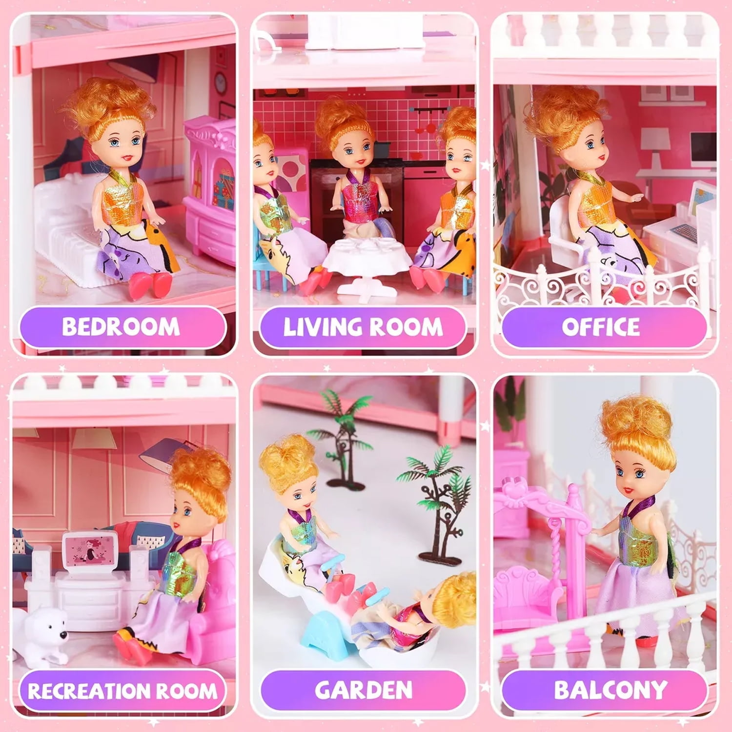 Lenbar 16-Room Dollhouse Playset with Furniture, Accessories, Colorful Lights and 3 Dolls (Pink) 7dbl9