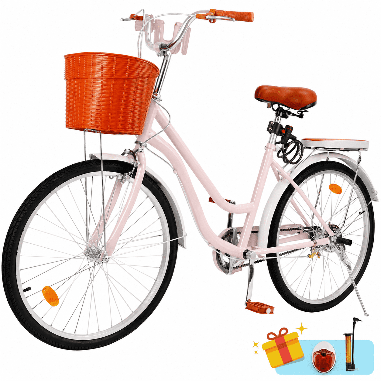 Bruce & Shark Women's Cruiser Bicycle, City Commuter Beach Bike with Basket and Lock (Blue, 24 in) 757bs