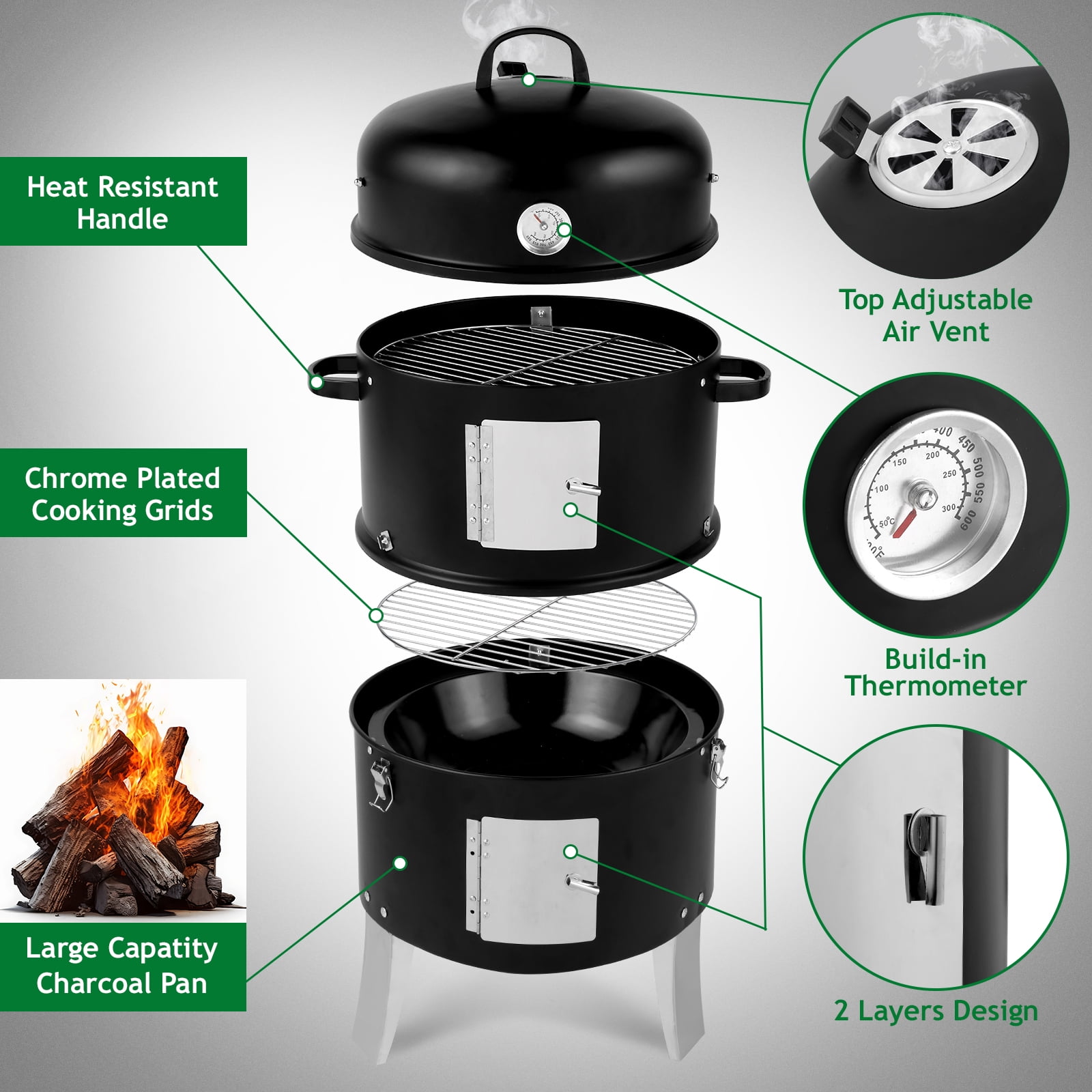Segmart Vertical Charcoal Smoker and Grill, Heavy-Duty Outdoor BBQ with Built-in Thermometer (Black, 18.5 in) y5e5p