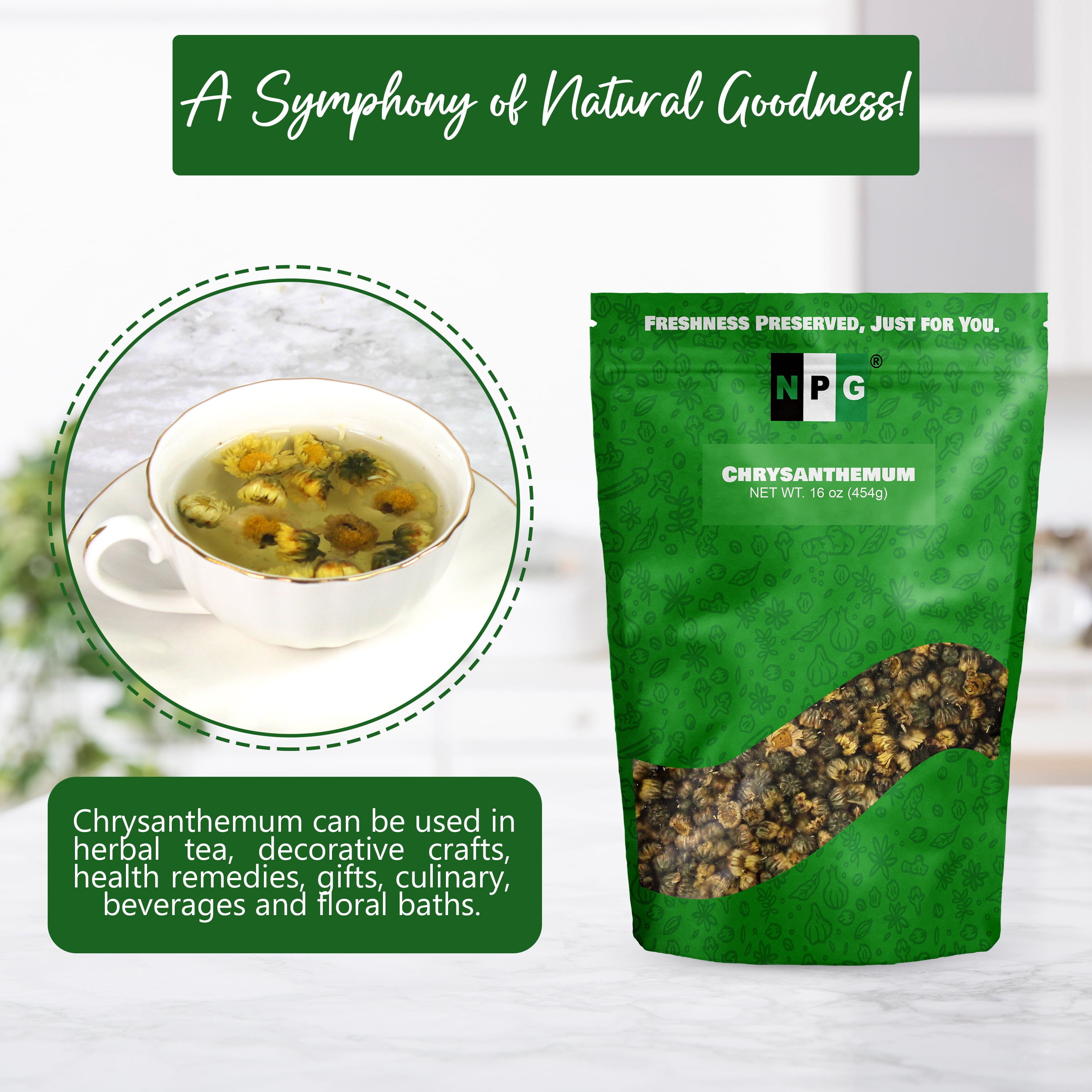 NPG Chrysanthemum Bud Tea, Natural Dried Tai Ju Herbal Loose Leaf Tea, Caffeine-Free Floral Infusion (Yellow, 16 oz) fyape