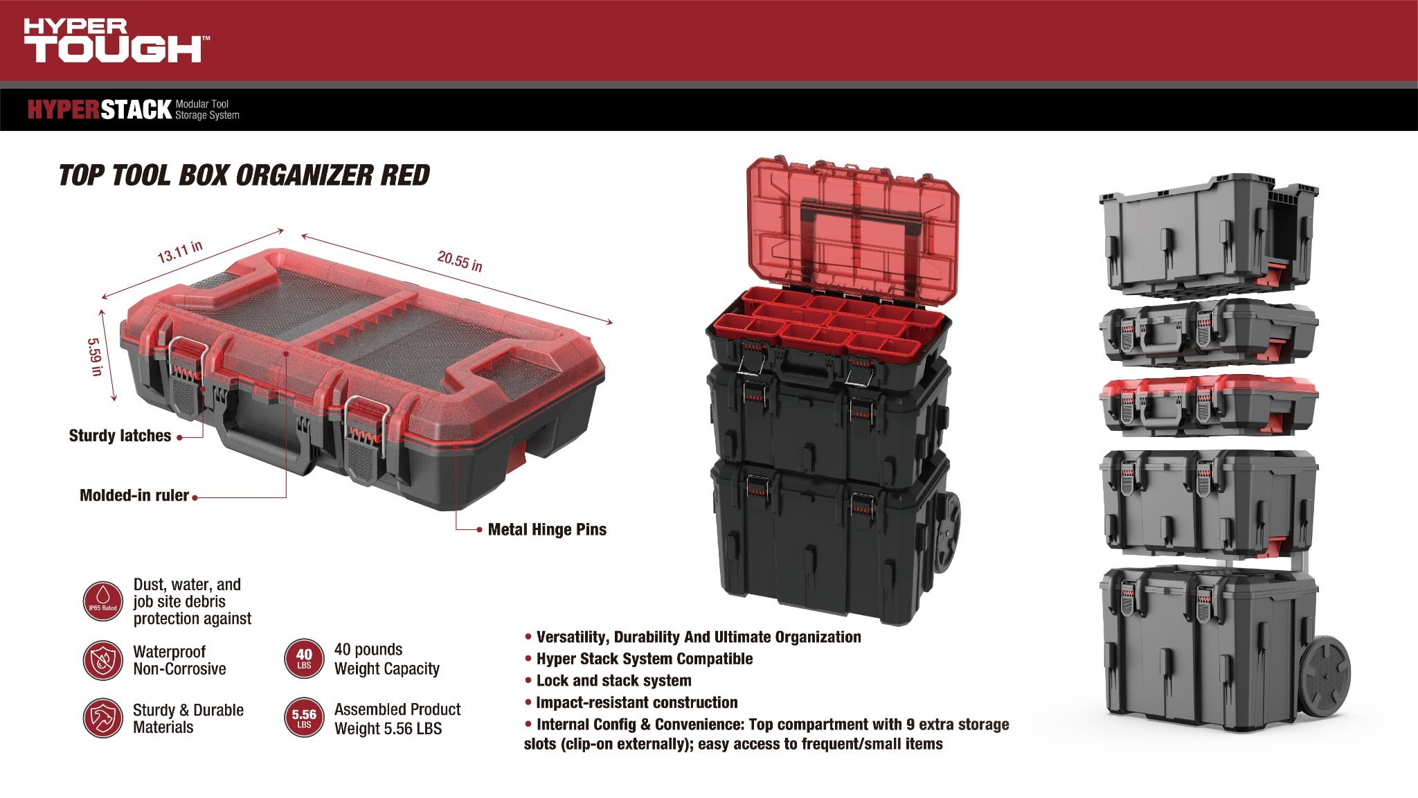 Hyper Tough Hyper Stack Tool Box Organizer (Red, 17.5 in x 13.5 in x 5 in) 1cik1