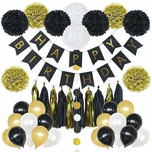 GLEAM 85 Piece Black & Gold Party Decoration Set (Happy Birthday Banner, Party Supplies) rq9gp