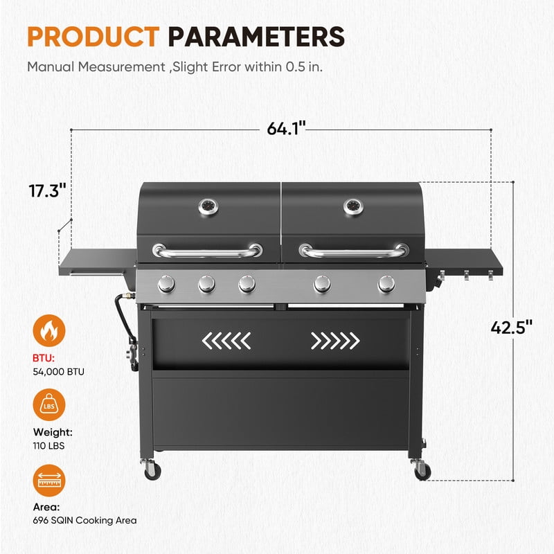Patiobula 5-Burner Propane Gas Grill and Griddle Combo with Dual Stainless Steel Lids (Black, 64 in W) 1wq56