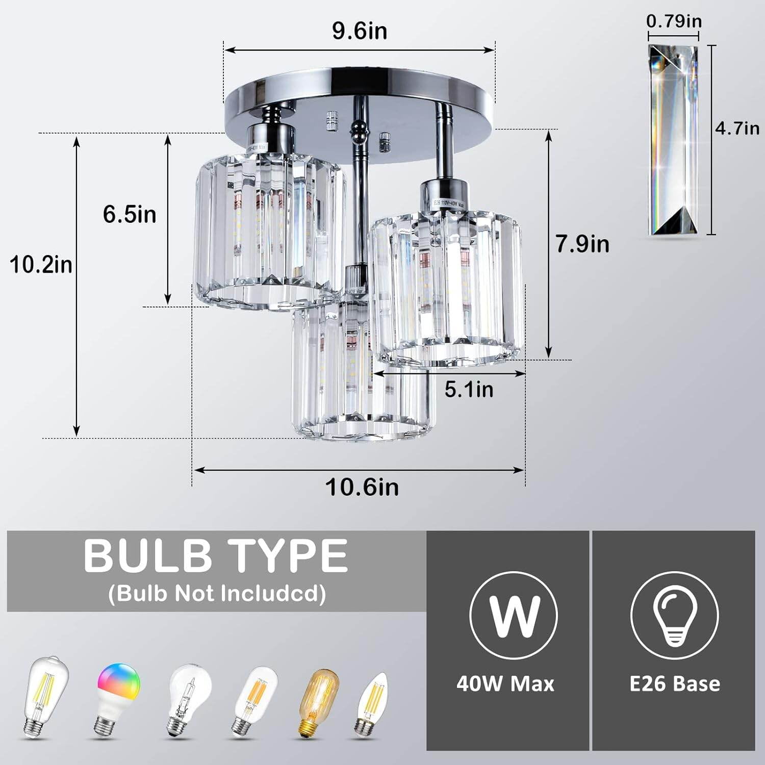 PuppyCheer 3-Light Semi Flush Mount Ceiling Fixture, Modern Crystal Chandelier for Kitchen Hallway Bedroom (Clear, 10.6 in H x 10.2 in W) za8lr
