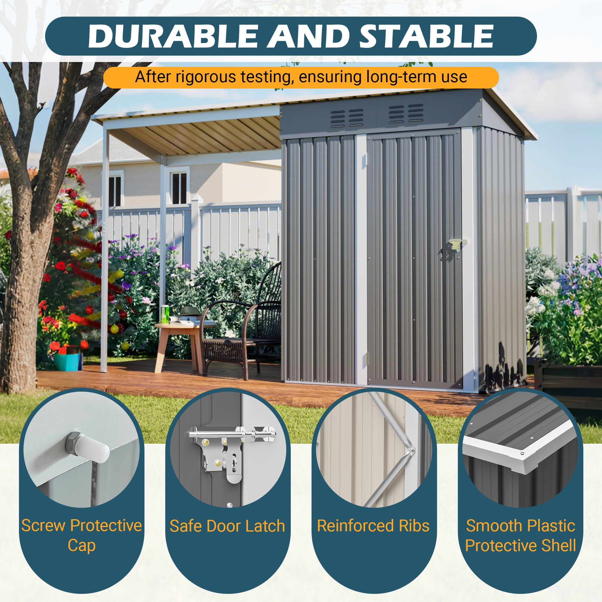 LZBEITEM Outdoor Storage Shed with Attached Hardtop Pergola, Weather-Resistant Metal Tool Shed (Grey, 5 ft x 3 ft) 9edkc