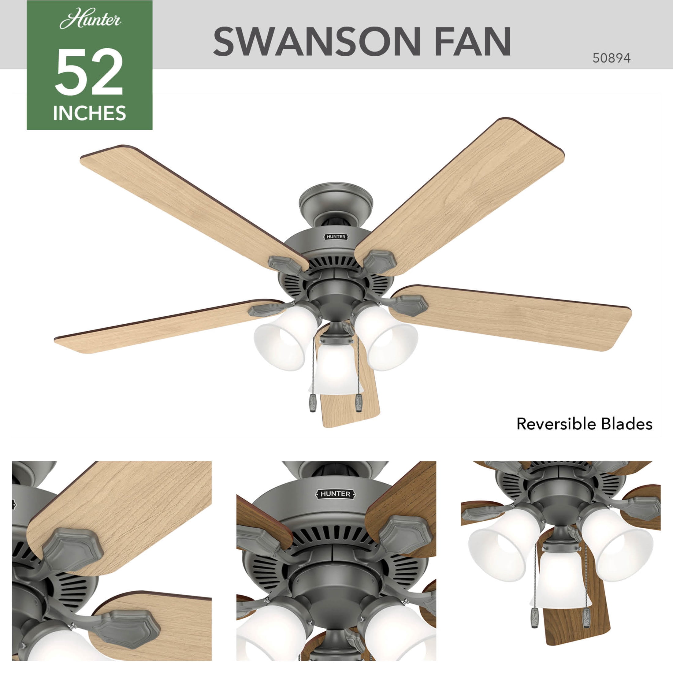 Hunter Swanson 52 in Indoor Ceiling Fan with LED Lights (Matte Silver, 52 in) t92b8