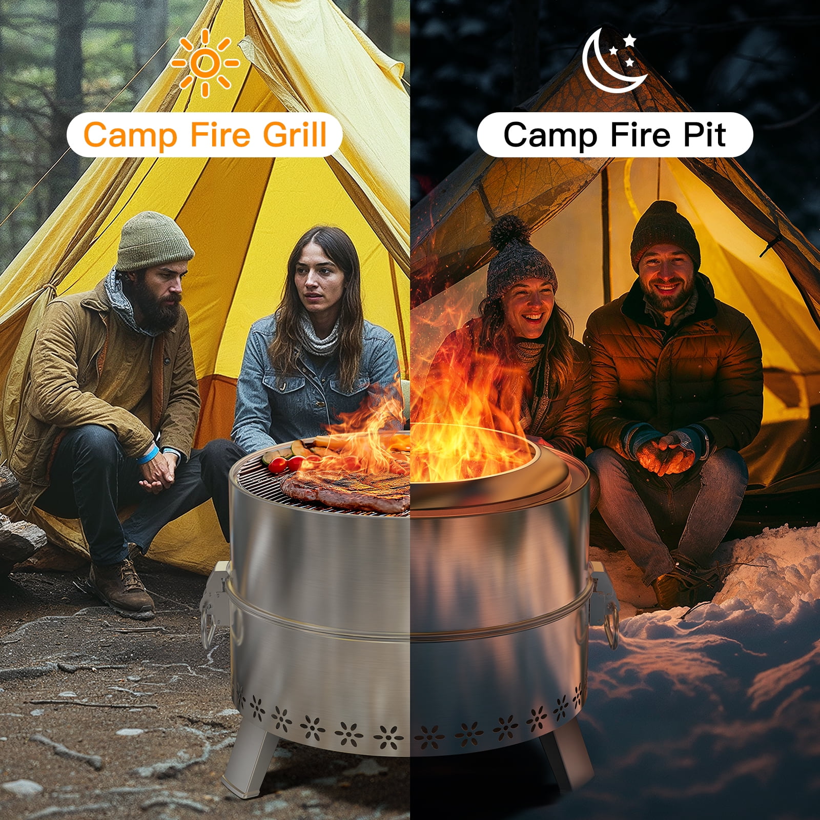 Philergo Smokeless Wood Burning Fire Pit, Stainless Steel Outdoor Patio Heater with Grill and Carry Bag (19 in) 39tyq