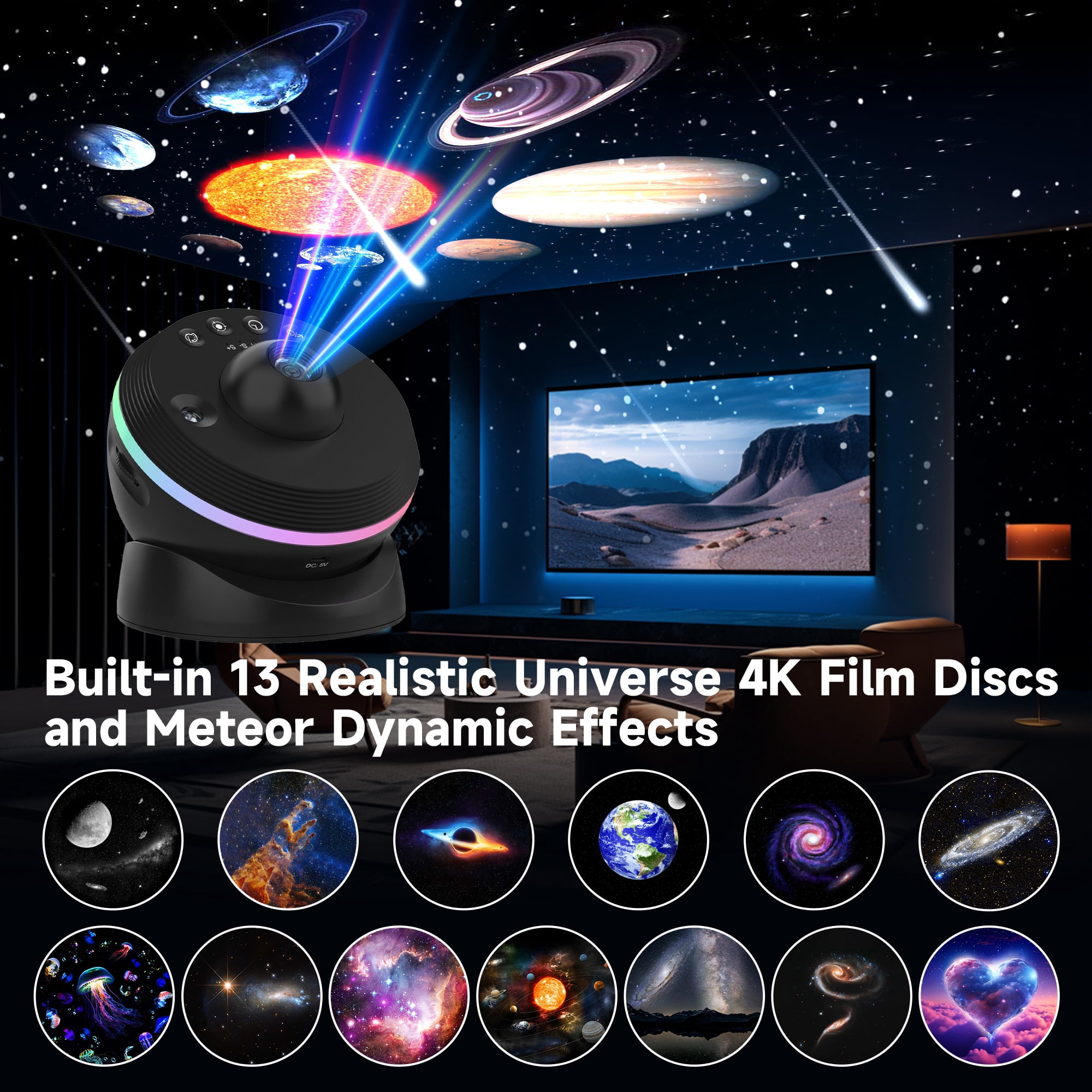 DAYBETTER Galaxy Projector, 4K HD 13-in-1 Planetarium Light Projector with Moving Meteor, Space Night Light for Bedroom (Black, 6.8 x 5.8 x 5.8 in) 1qai9