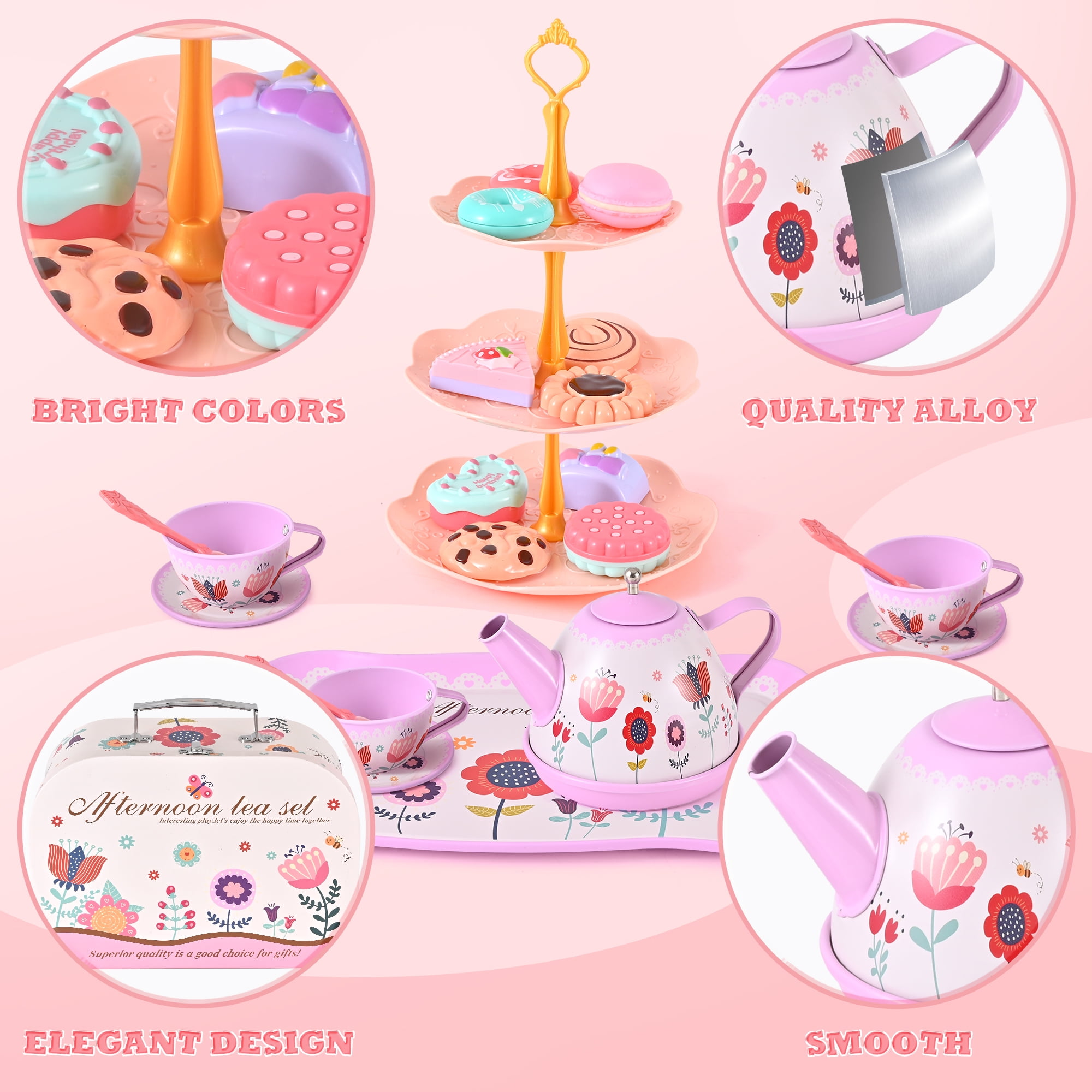 TOPFOX 45-Piece Princess Tea Party Set, Pretend Play Kitchen Toy with Tin Teapot, Cups, Plates, and Carrying Case (Pink, 45-Piece Set) e9om7