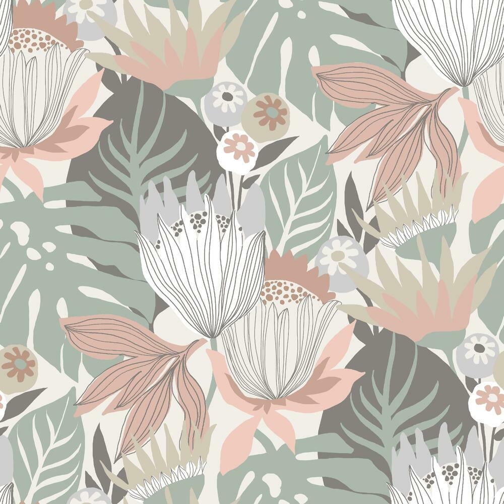 RoomMates Retro Tropical Leaves Peel and Stick Wallpaper (Pink, 20.5 in x 16.5 ft) jncuq
