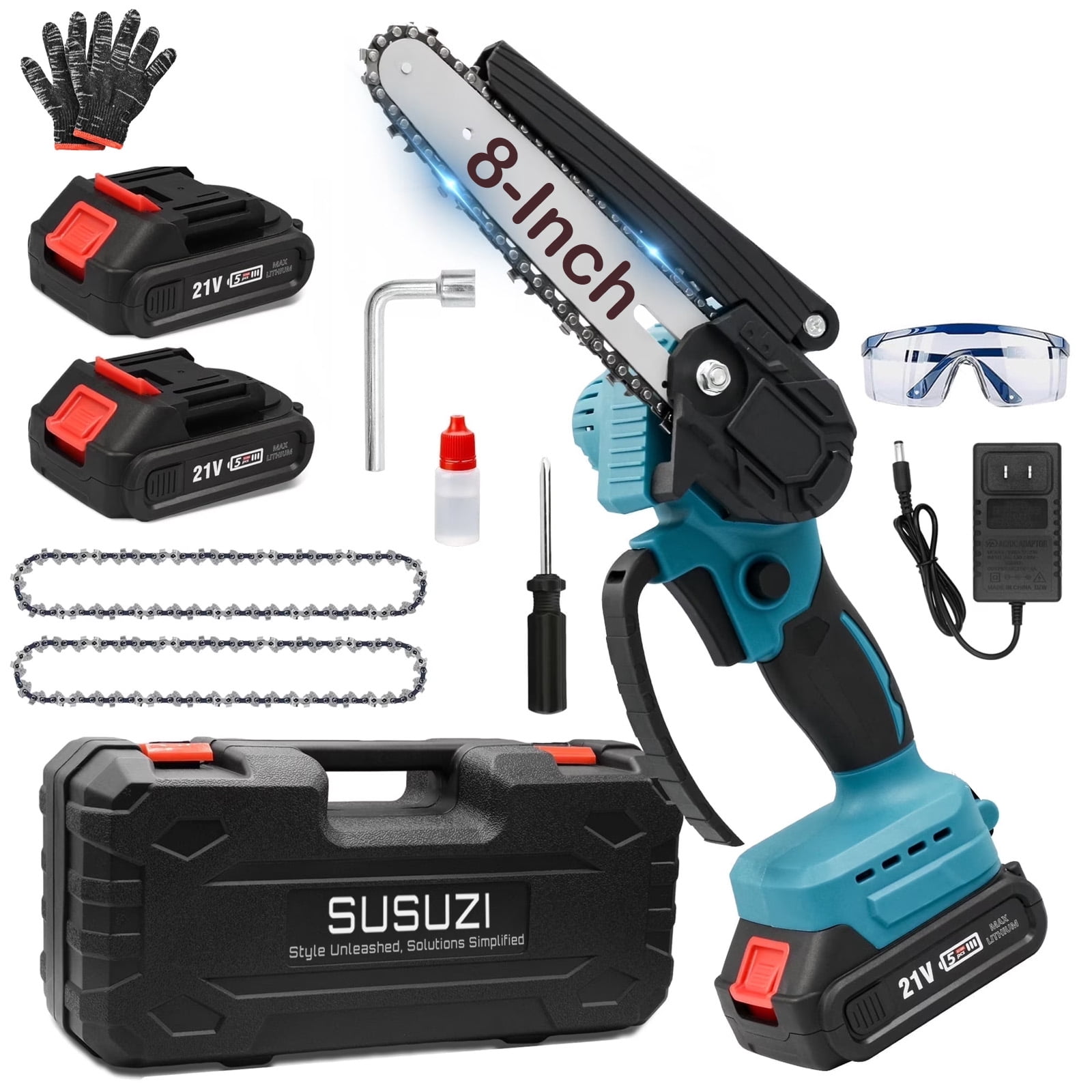 Susuzi 8-Inch Cordless Chainsaw, Brushless Mini Handheld Power Tool for Tree Trimming and Wood Cutting (Blue, 4.85 lb) 0mv7b